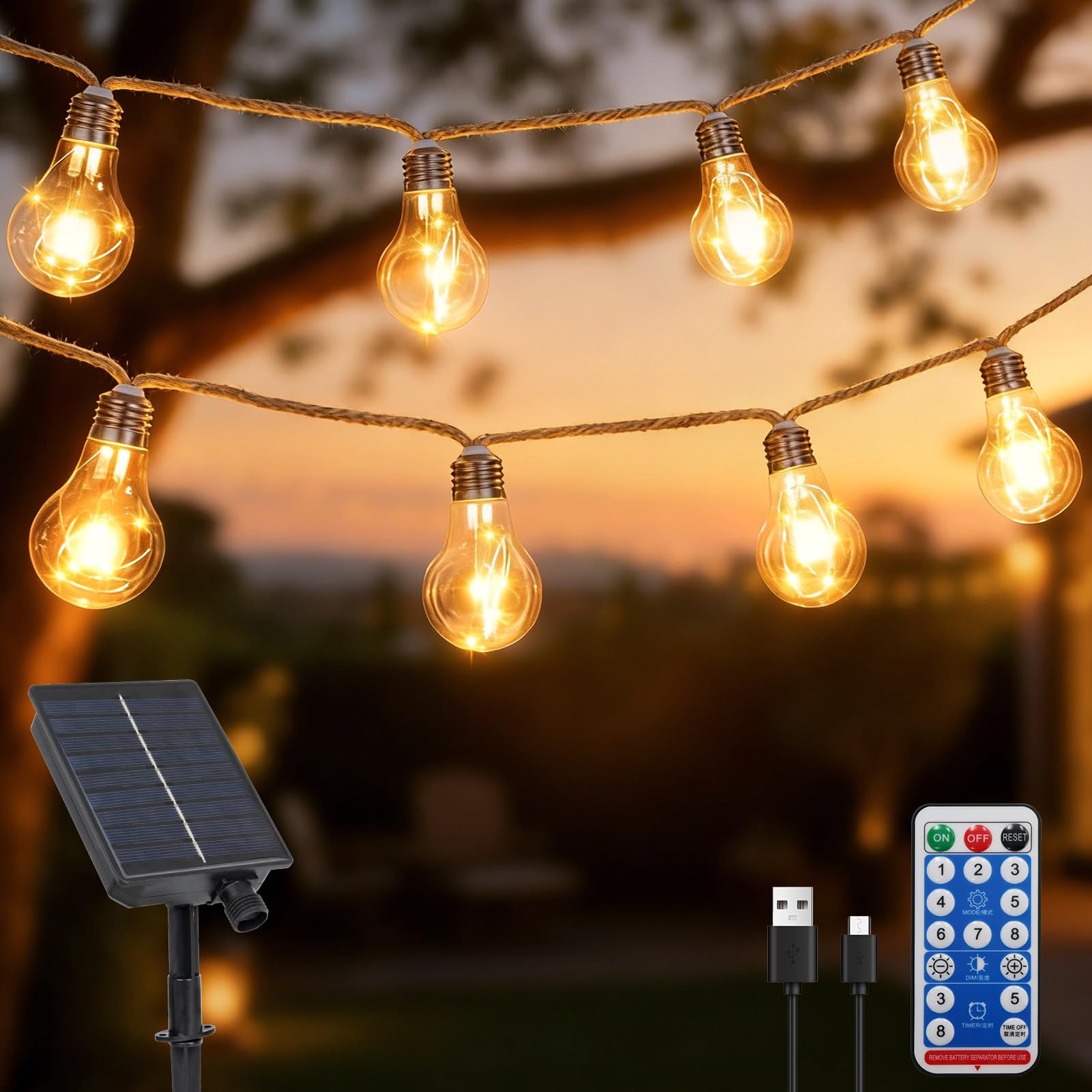 ZAIYW 10M Solar Lights Outdoor Garden with Remote Timer, Solar Hemp Rope String Lights with 20 S17 Shatterproof Bulbs, Waterproof Festoon Lights for Patio Party Garden Yard Decor (Warm White)