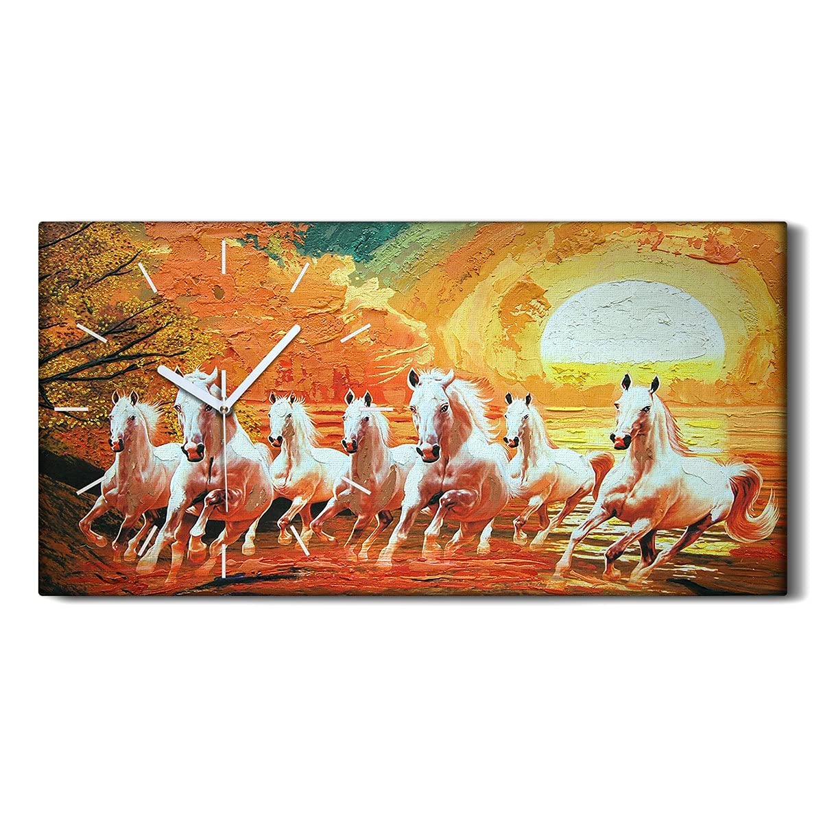 Horloge sur toile de chevaux au coucher du soleil pour creer un salon apaisant