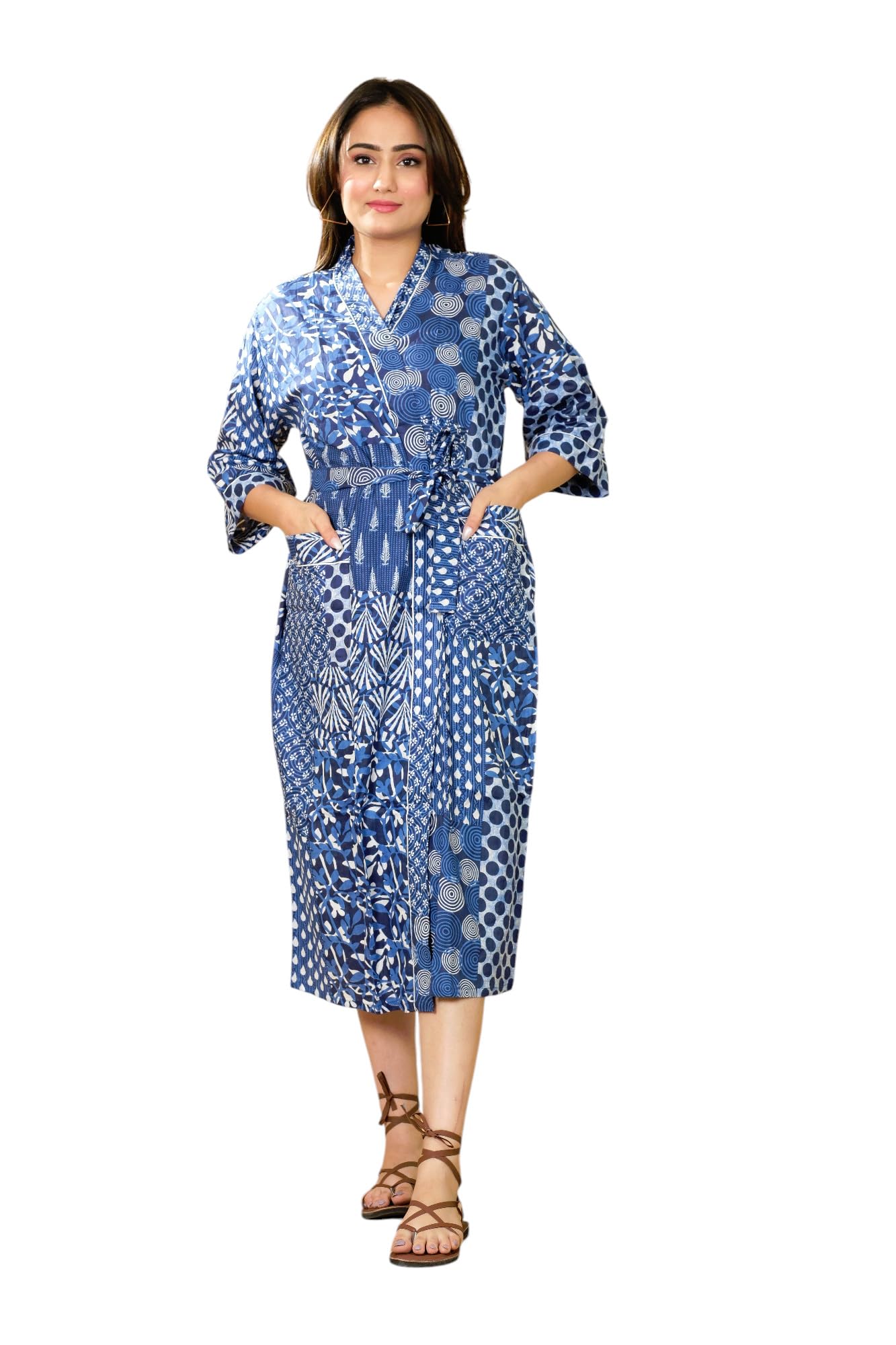 Marika Textiles Women’s Blue Patchwork Cotton Kimono | Printed Bathrobe, Night Dress & Beach Cover-Up | Soft Free-Size Loungewear Robe with Belt & Pockets-image-28
