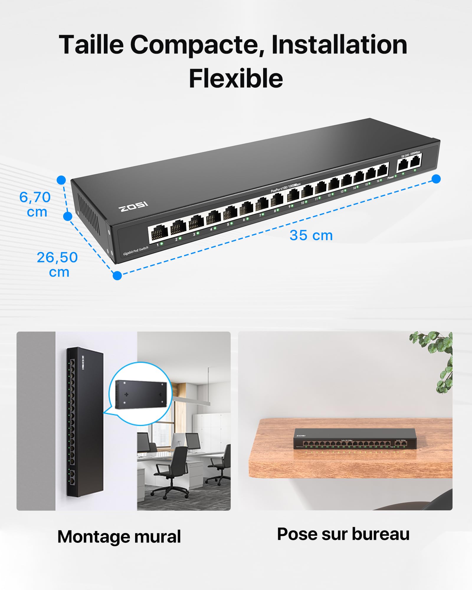 ZOSI 16 Ports PoE Switch Commutateur Gigabit avec 2 Ports Uplink Gigabit | 156W pour 16 Ports PoE+, IEEE802.3af/at, Commutateur Ethernet Non Géré, Plug & Play, Boîtier Métal Robuste