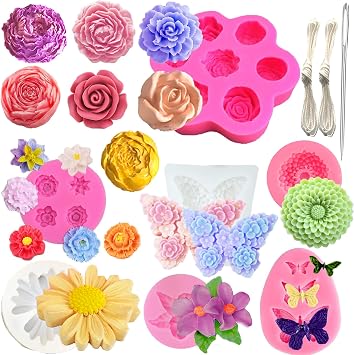 Nimzoekd 10PCS 3D Flower Butterfly Silicone Molds Peony Rose Sunflower Molds 7 Cavity Rose Flowers Fondant Chocolate Candy Cake Decorating Mold Resin Casting Mold DIY Gift Ornament