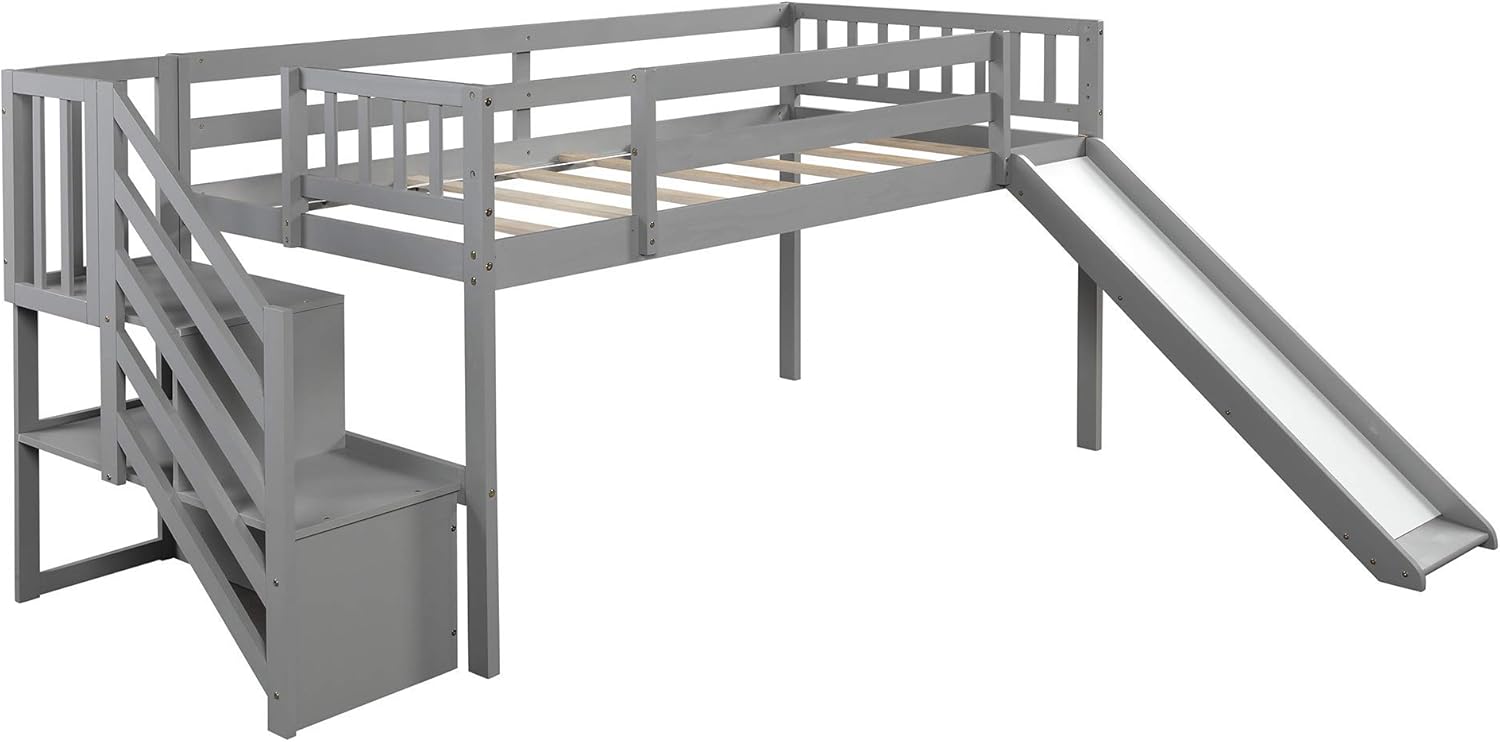 SOFTSEA Junior's Loft Bed with Slide, Twin Size Low Loft Beds with Stairs and Wood Frame for Toddler Kids, Multifunctional Design