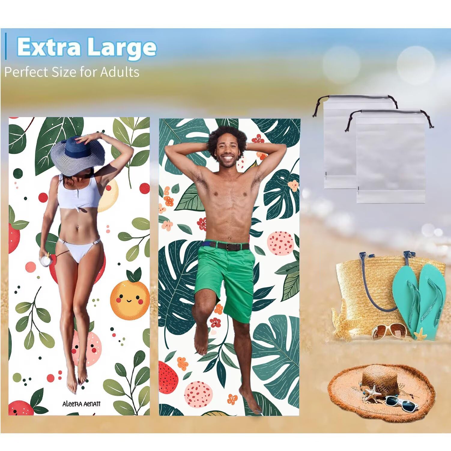 Ręcznik plażowy 90 x 200 cm, zestaw 2 dużych ręczników z mikrofibry szybkoschnący, chłonny, kompaktowy, ręcznik kąpielowy bez piasku Letni koc plażowy damski do kąpieli Prezent (owoce roślin) H-911