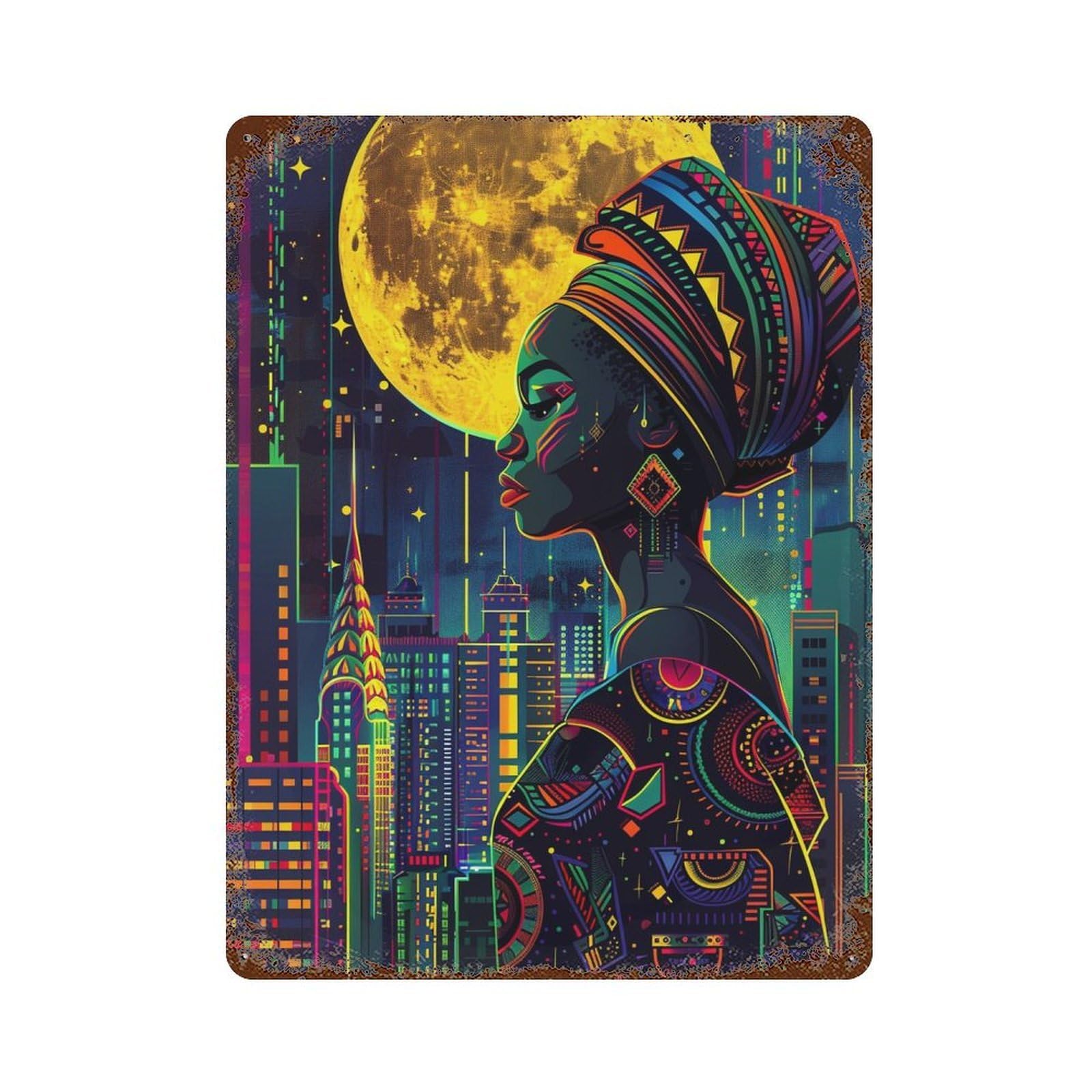 Garage Style Urban Nightscape with Moon Distressed Metal Wall Sign 15.7"x11.8", Classic Wall Plaque for Bar And Workshop