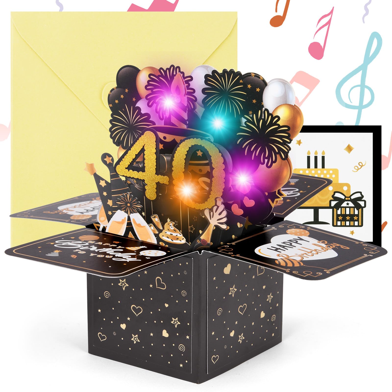 OFFCUP Happy 40th Birthday Pop-Up Greeting Card, 40 Years Old Musical Birthday Card with Light & Blowable Candle, 3D Pop-Up Cards Gifts for Wife Husband Mother Father Women Men Friend (Black)