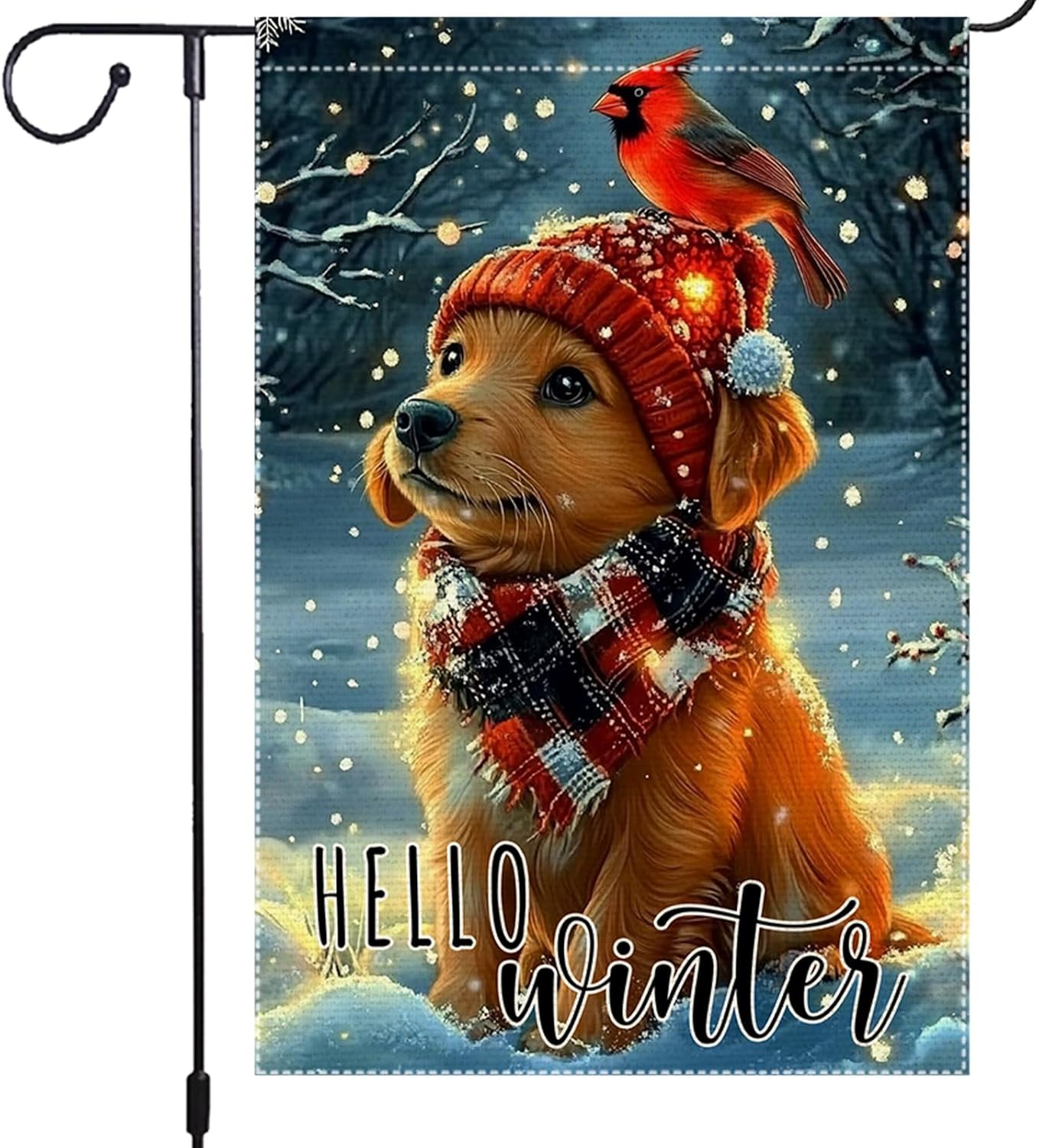 12x18 Inch Double Sided Burlap Garden Flag Winter Puppy with Red Cardinal Bird Cute Holiday Outdoor Yard Decor