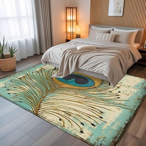 Miniatura 5 de 5x7 Area Rugs, Teal Peacock Feathers Non-Skid Rubber Backing Large Rectangle Rugs - Living Room Bedroom Home Office, Retro Abstract Art Watercolor