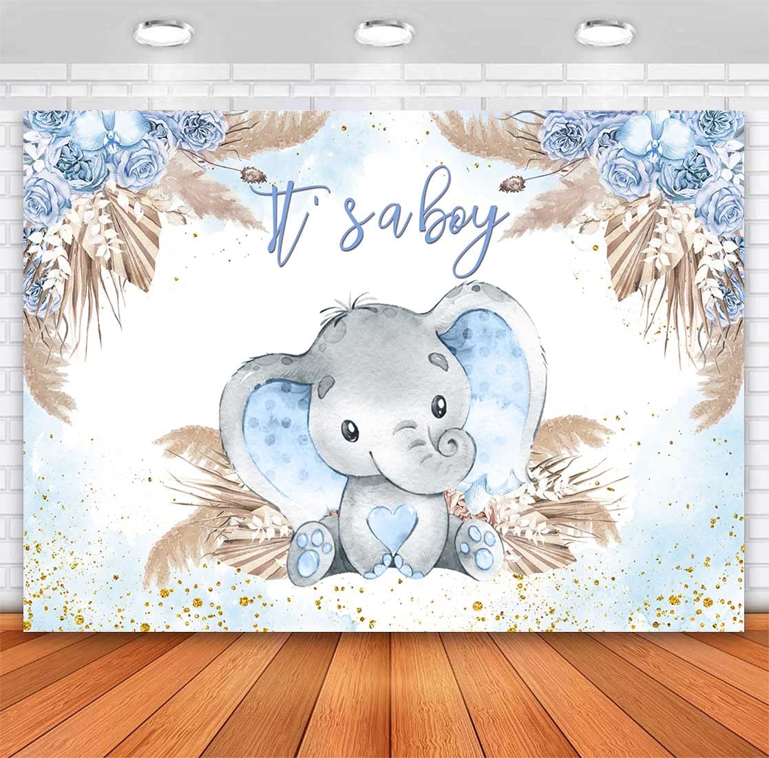Sensfun Boho Elephant Baby Shower Backdrop for Boy Blue Pampas Grass It's a Boy Elephant Little Peanut Baby Shower Decorations Photography Background