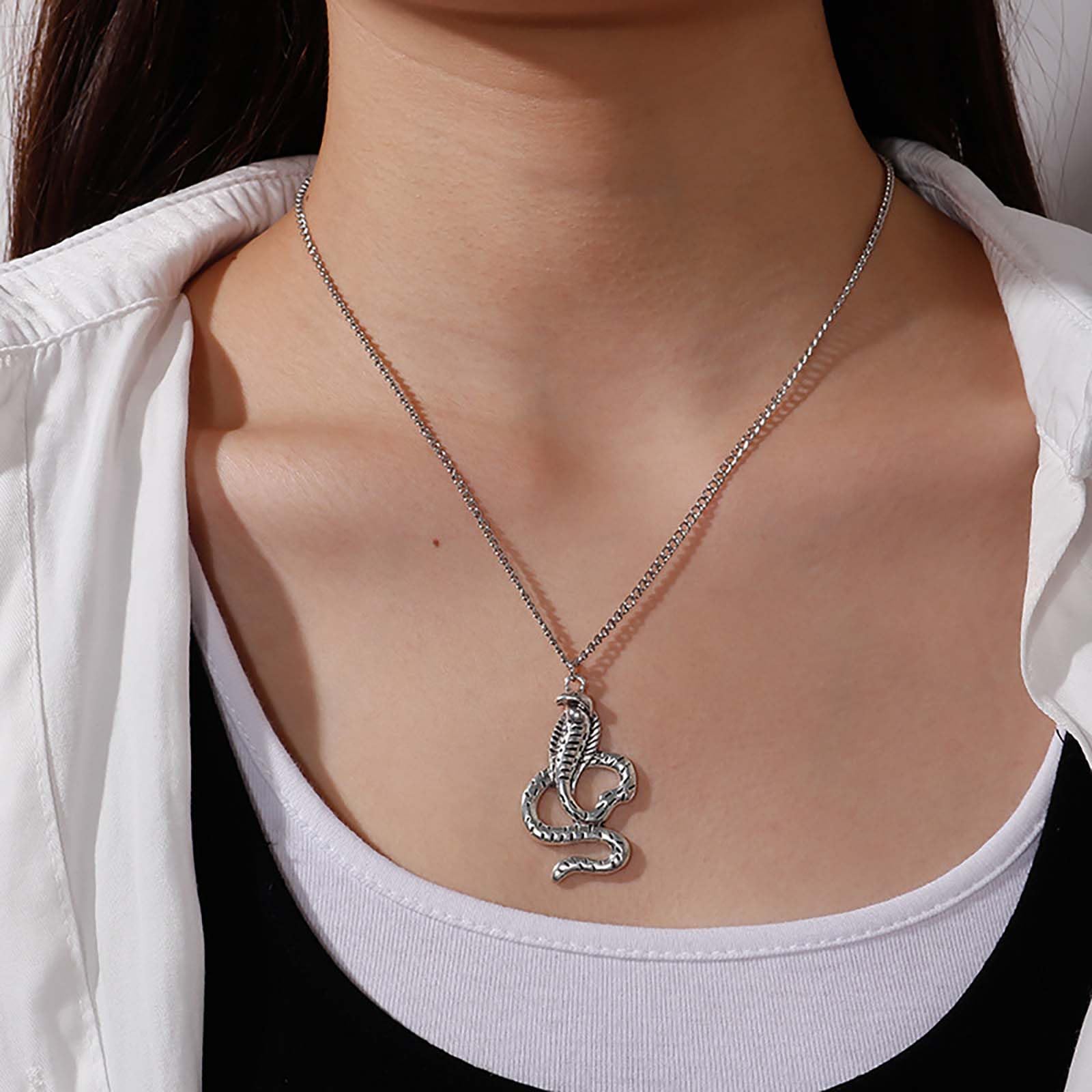 TseanYi Gothic Snake Pendant Necklace Silver Snake Necklace Vintage Serpent Pendant Necklace Punk Snake King Cobra Necklace Chain Goth Dark Jewelry