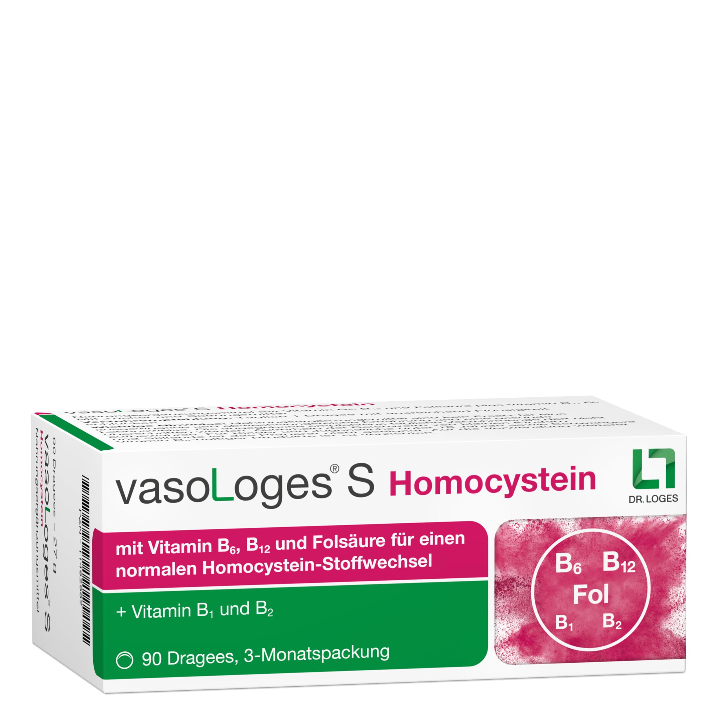 vasoLoges® S Homocystein - 90 Dragees - Kombination zur Homocysteinsenkung - Nahrungsergänzung zur Unterstützung eines normalen Homocystein-Stoffwechsels mit zusätzlichem Vitamin B1