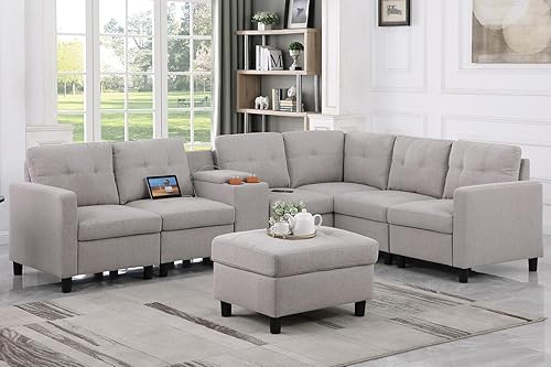 Miniatura 9 de asunflower Juego de sofá modular otomano, sofá modular de 6 plazas, esquinero reversible, en forma de L, sofás seccionales de tela para sala de Gris