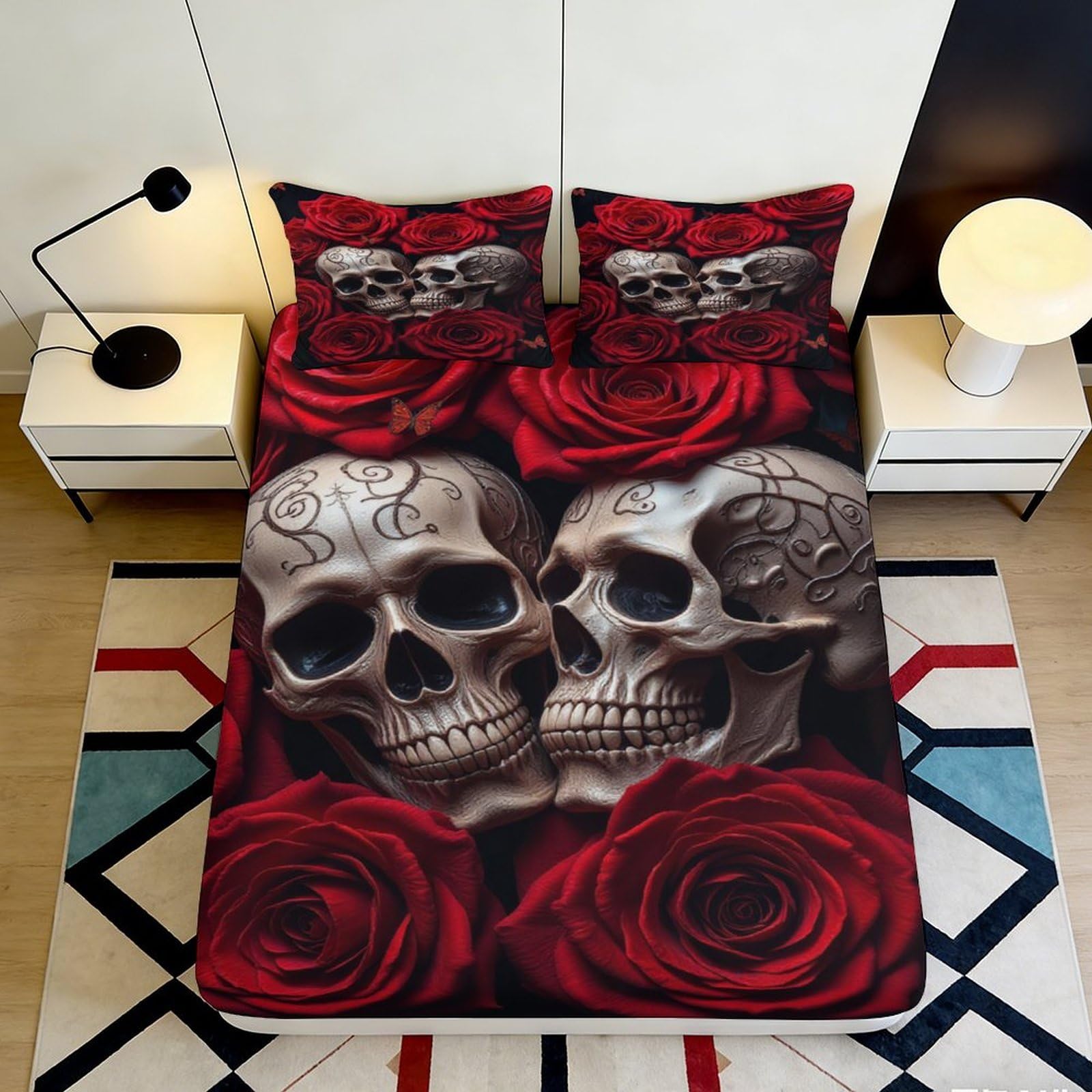 Wtorimpel Style-4 3D Printed Skull Rose Fitted Sheet Microfiber Non-Slip Deep Pocket Skull Rose Mattress Fitted Cover Breathable Home Bedding 90X200x25cm