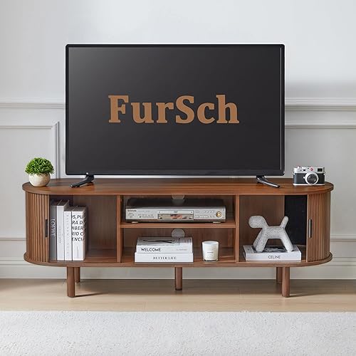 Miniatura 7 de Soporte de TV con puerta de tambor de 54 pulgadas, mueble de TV moderno de madera de mediados de siglo para TV de hasta 65 pulgadas, soporte largo