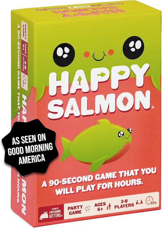 Happy Salmon, 3-8 jugadores, juego de cartas en grupo para mayores de 6 años | Grita frenéticamente tus acciones, encuentra un jugador que coincida, completa la acción y descarta tu carta. Rápida diversión de viaje de 90 segundos