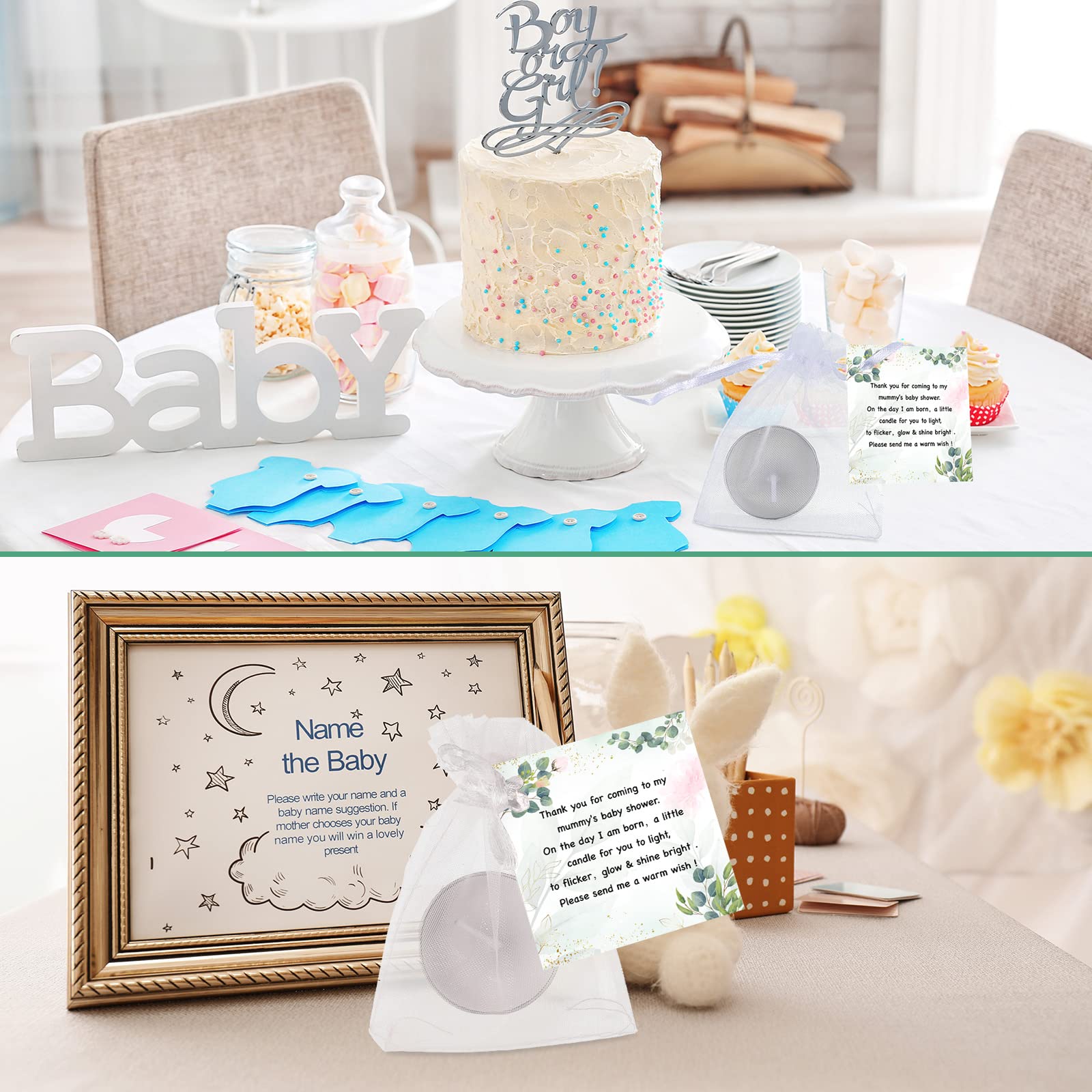 100 Sets Baby Shower Favors for Guests 100 Pcs Tea Light Candles for Guests Baby Shower Candles Tealight with 100 Thank Tags and 100 Return Gift Bags for Baby Gender Reveal Party (Plant)