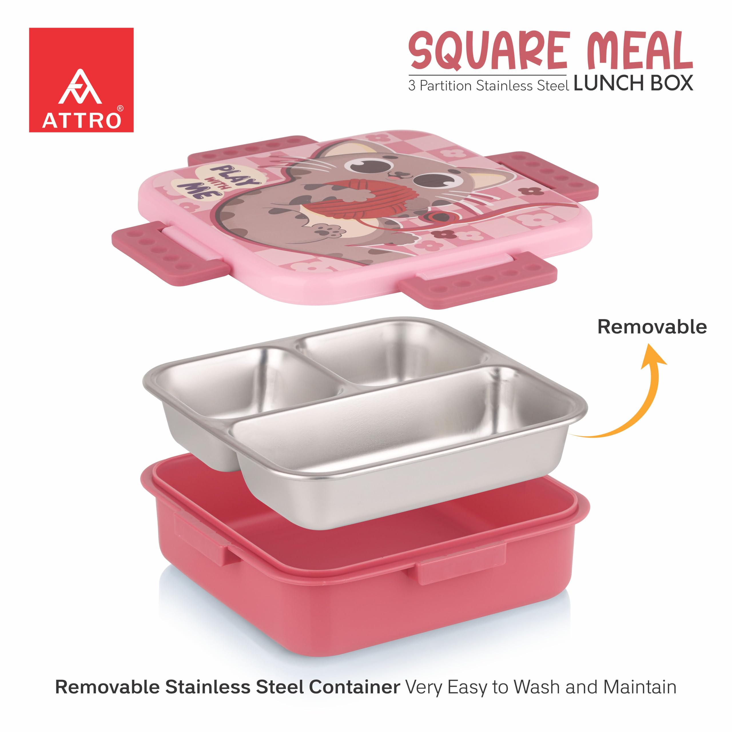 ATTRO Kids Lunch Box - Stainless Steel 3 Compartment -4 ATTRO Kids Lunch Box - Stainless Steel 3 Compartment -4