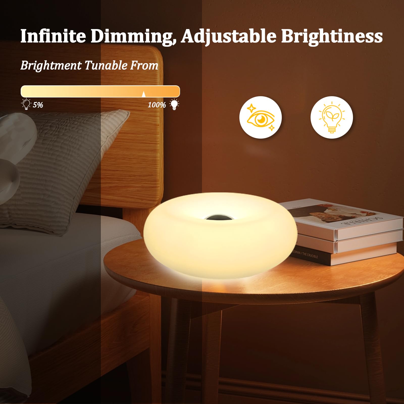 Moderne Donut-Tischlampe im Designer-Design, LED-Nachttischlampe mit strapazierfähigem Lampenschirm, rotationsgeformte kleine dimmbare Nachttischlampe mit 3 Lichtfarben (KEIN Glas) (Weiß)