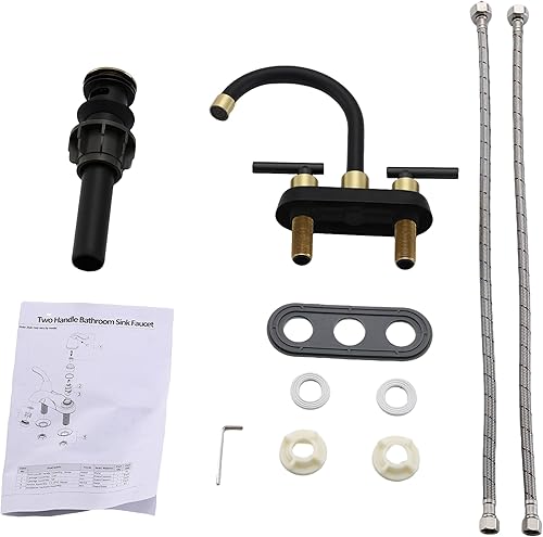 Miniatura 8 de Grifo de baño negro y dorado, 2 manijas de 4 pulgadas con drenaje desplegable, montaje de 2 o 3 agujeros, moderno fregadero comercial de tocador de