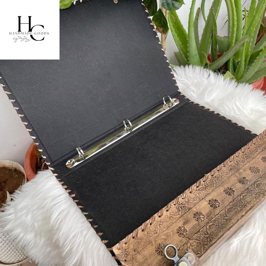 Carpeta de cuero de 3 anillas, carpeta personalizada, sol con piedra en relieve, marrón o negro, capacidad para papel A4/carta, 200 páginas, 3 agujeros