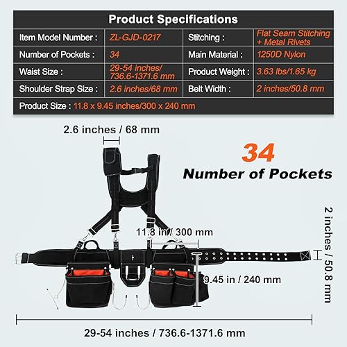 Miniatura 7 de VEVOR Cinturón de herramientas con tirantes, 34 bolsillos, tamaño de cintura ajustable de 29-54 pulgadas, cinturones de herramientas para hombres,