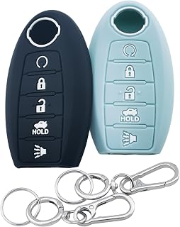 2Pcs 5 Buttons Silicone Smart Key Fob Cover for 2011-2021 2022 Nissan Armada Murano Rogue Maxima Altima Pathfinder (Black/Mint Green)