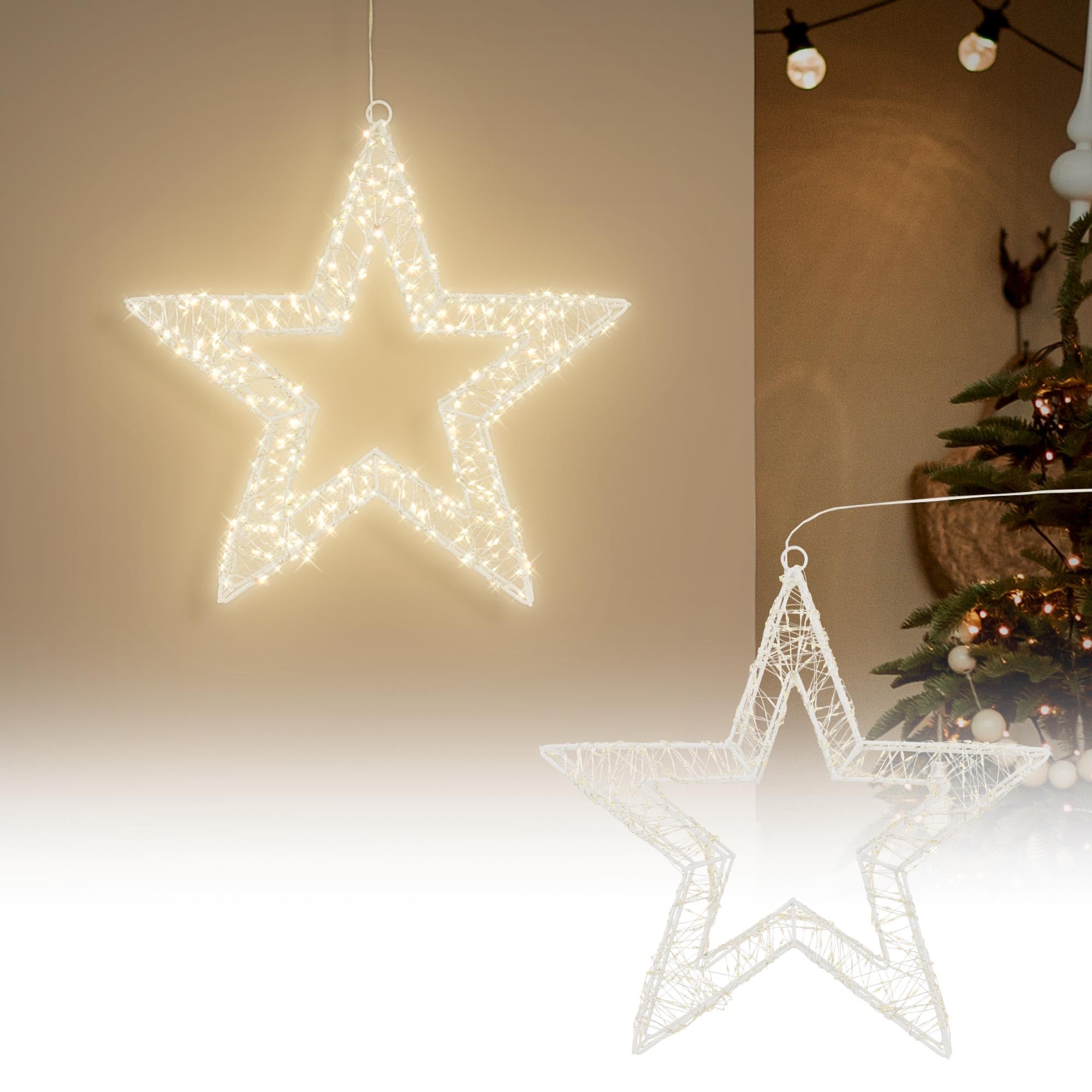 ECD Germany Estrella de Navidad Colgante con 1440 LEDs IP44 Iluminación Blanco Cálido 50 cm Decoración Navideña con Temporizador Copo de Nieve de Interior Exerior Adorno Festivo de Ventana