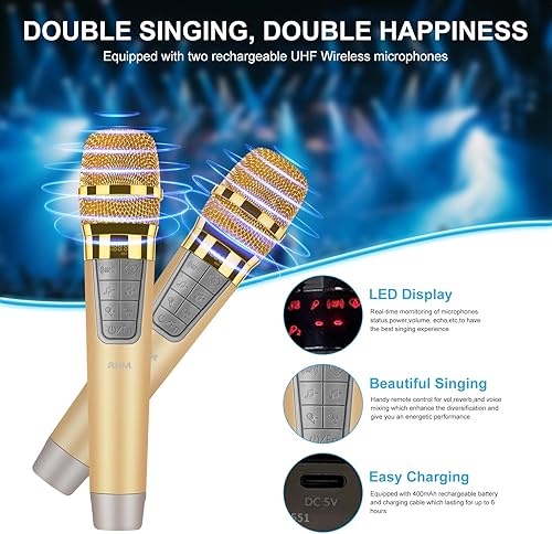 Miniatura 5 de Altavoz portable del karaoke de Bluetooth con 2 micrófonos sin hilos, audio al aire libre elegante de RHM HD y partido casero realzado del altavoz