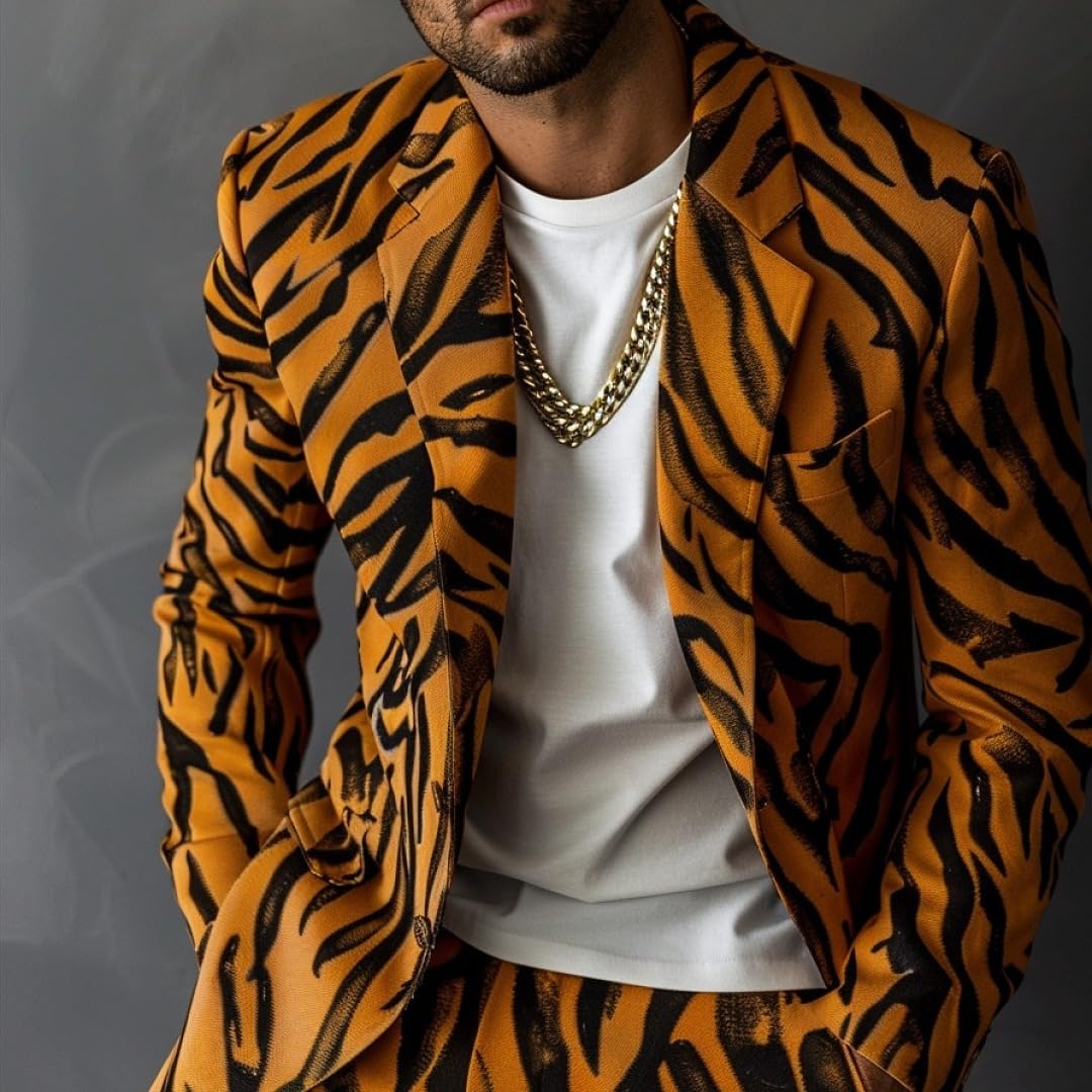 Da uomo 2 Pezzi Stampa Tigre Set Abito Arancione Nero Motivo Tigre Smoking