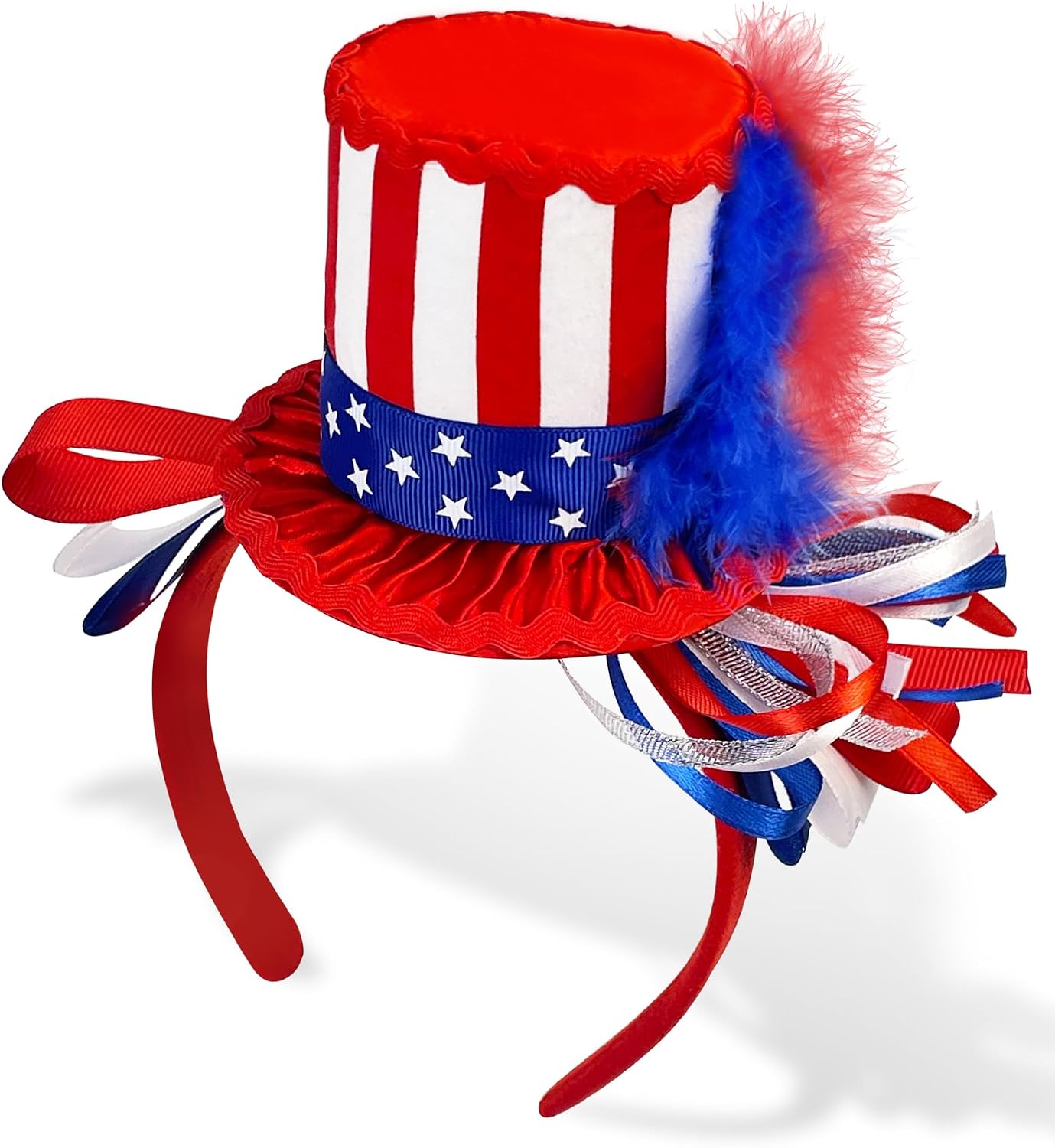 Patriotic Mini Top Hat Headband Fascinator Women Men, Red White Blue, Stars and Stripes Flag Design for 4th of July Uncle Sam Costume Accessory