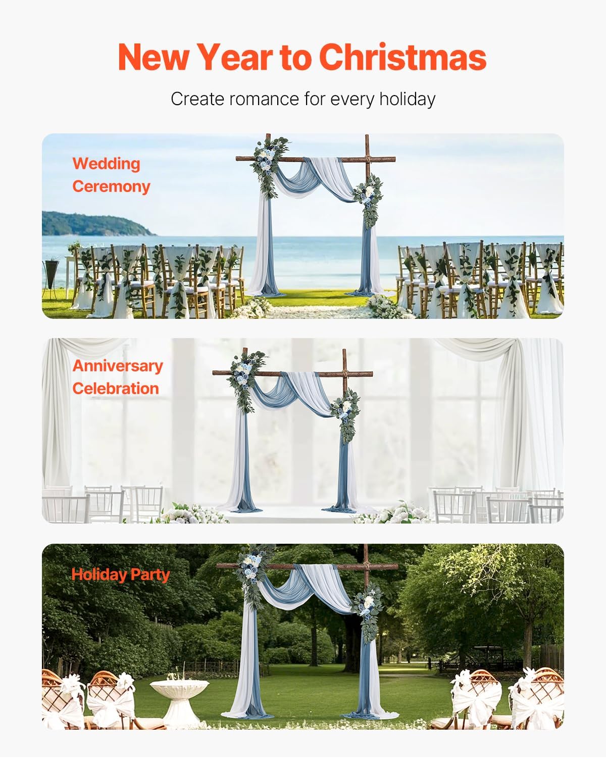 VEVOR Artificial Wedding Arch Flowers Kit, Blue Wedding Arch Flowers with Drapes Kit -2 Pcs Floral Arrangement, 2 Pcs Sheer Drapes, for Ceremony Bouquets Reception Backdrop Decoration（No Include Wood