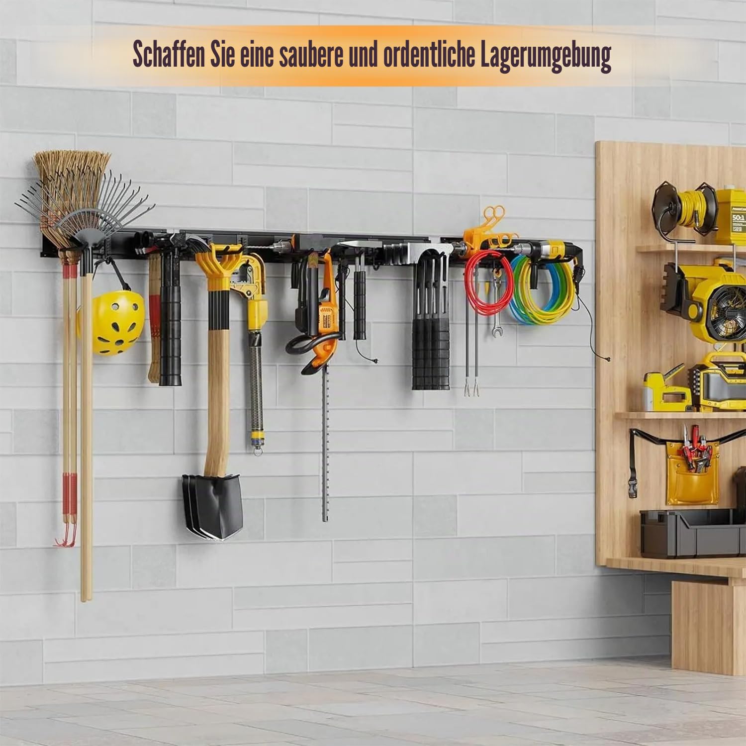 Gartengeräte Halterung,64-Zoll-Werkzeugaufbewahrung Für Die Garage,Wandmontiert – Garagenwand-Organizer Mit 10 Haken,500 Lbs Gartenwerkzeug-Aufbewahrung,Verstellbare Haken,Schwere Metall-Garagenregale