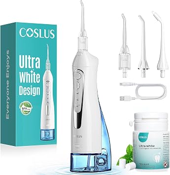 COSLUS ADA Accepted Water Dental Flosser Teeth Pick C20 Portable Cordless Oral Irrigator 300ML Rechargeable Travel Irrigation Cleaner IPX7 Waterproof Electric Flossing Machine, Whitening Set White