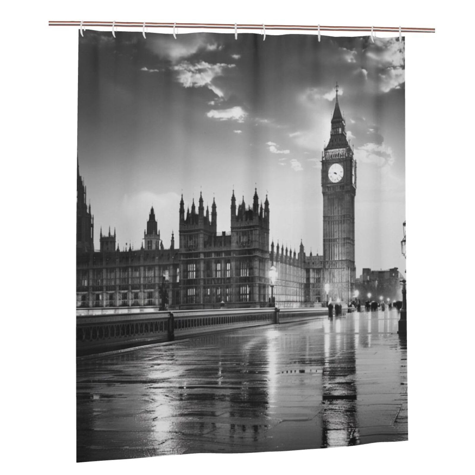 BWWHCCTI London Printed Shower Curtain With 12 Plastic Hooks Opaque Quick Drying Waterproof Shower Curtains Sets For Bathroom 152x183 Cm
