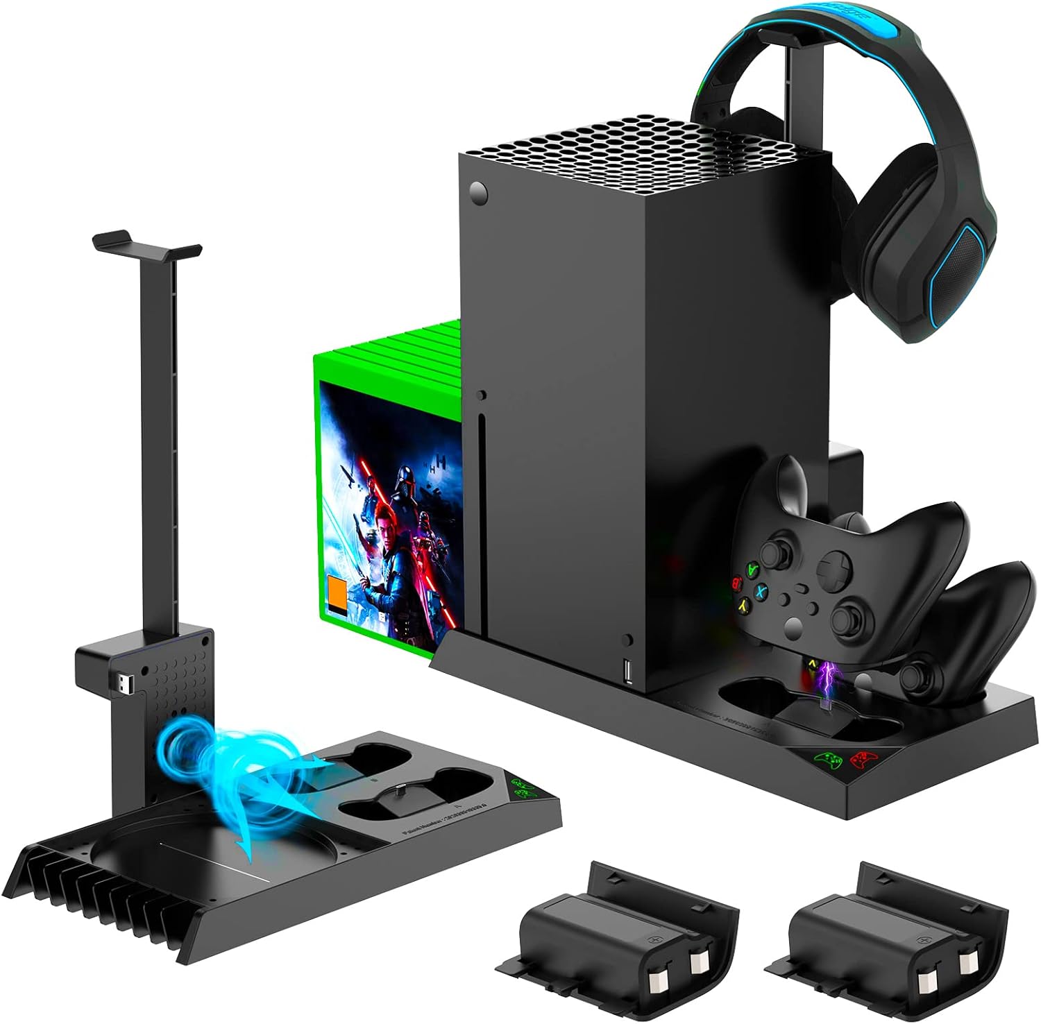 FASTSNAIL Vertical Stand Cooling Fan for Xbox Series X with 2 Pack 1400mAh Rechargeable Batteries, Charging Station for Xbox Series X/S Controller with Game Slot and Headset Stand-Not for Xbox One S/X Thumbnail