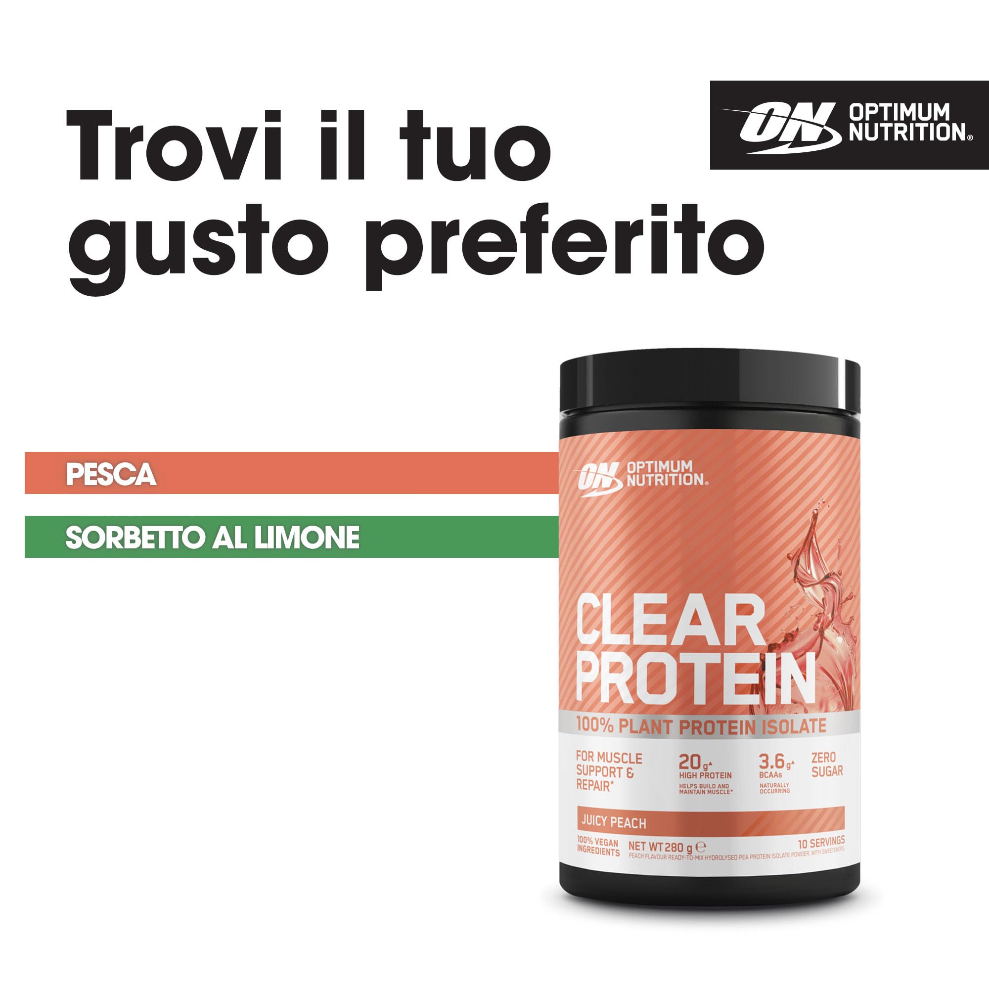 Optimum Nutrition Clear Protein 100% Proteine Vegetali Isolate in Polvere, Gusto Pesca Succosa, 280g, 10 Porzioni