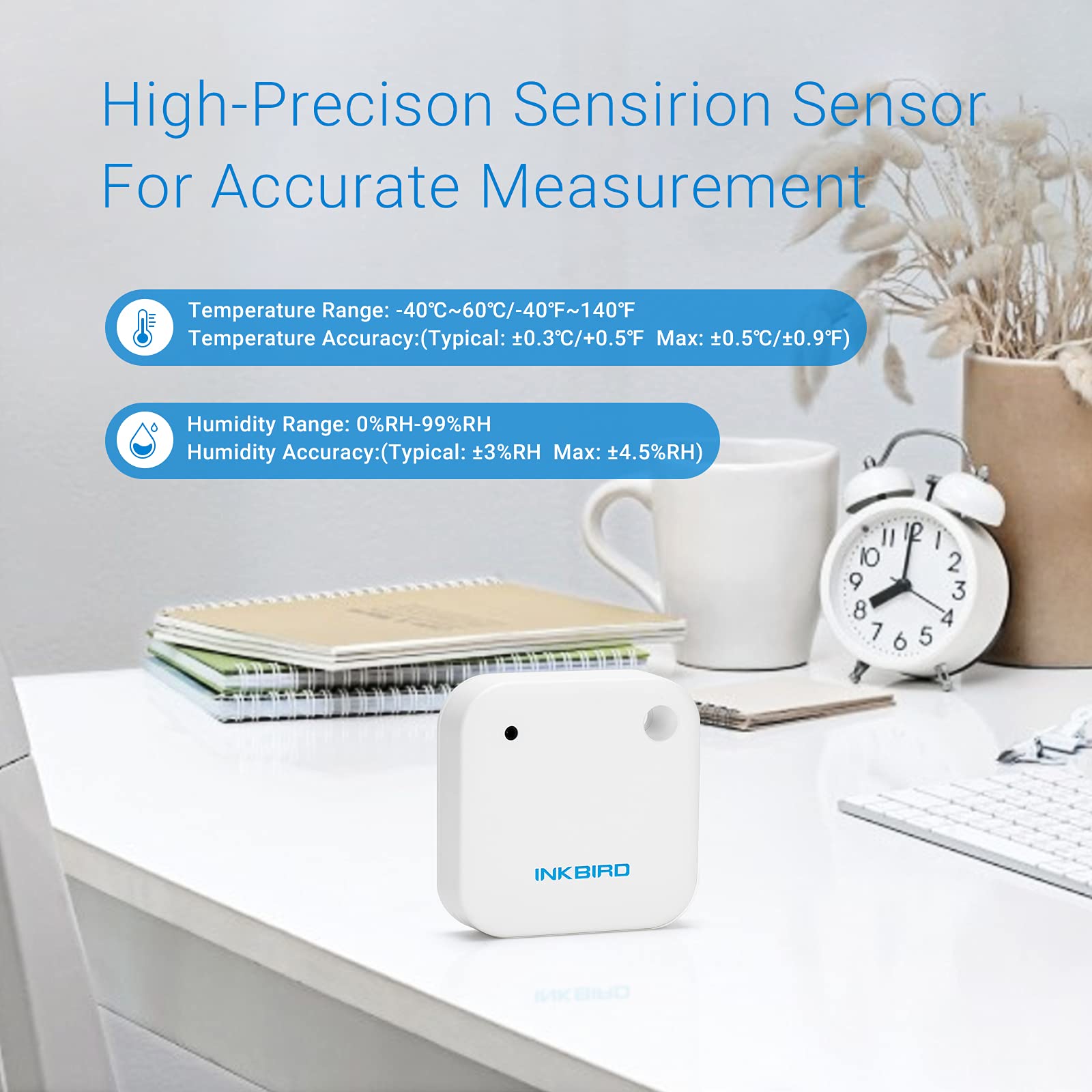 Inkbird IBS-TH2 Thermomètre Hygromètre Bluetooth Enregistreur Temperature Humidite Magnétique Étanche,Capteur Intelligent Intégré,pour Nourriture,Reptiles,Frigo,Serre,Cave Vin,Terrarium