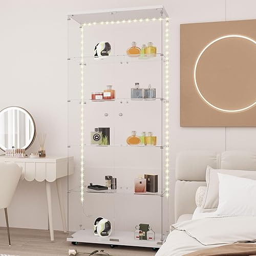 Miniatura 243 de Vitrina de cristal con 4 estantes con tira de luces LED y cerradura, vitrina de vitrina con ruedas y 1 puerta, vitrina de vidrio templado para sala