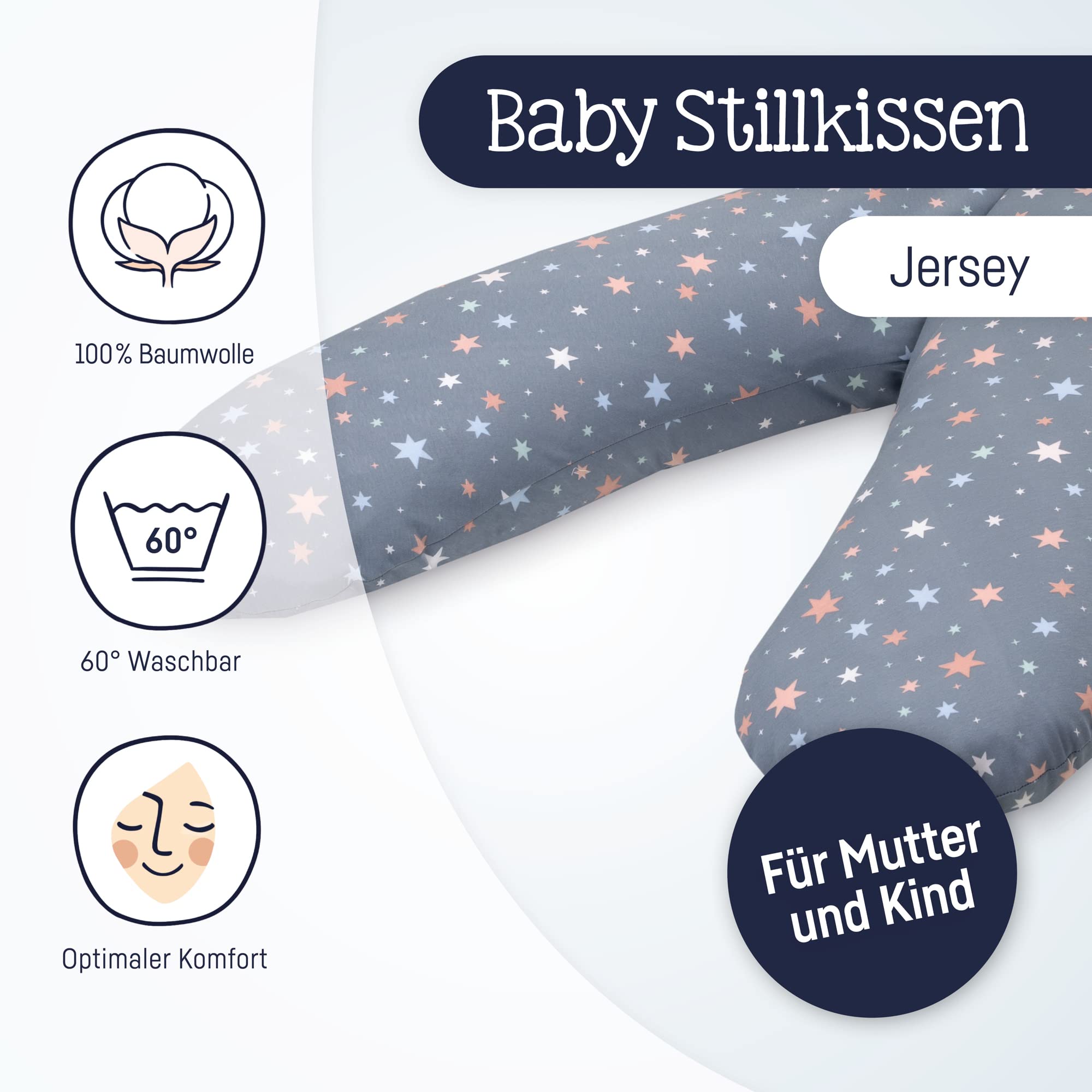 Julius Zöllner Cojín de Lactancia de Jersey de 190 cm, Relleno de 42 litros de microperlas de EPS, Funda de 100% Jersey de algodón, Oeko-Tex Standard 100, Shiny Stars