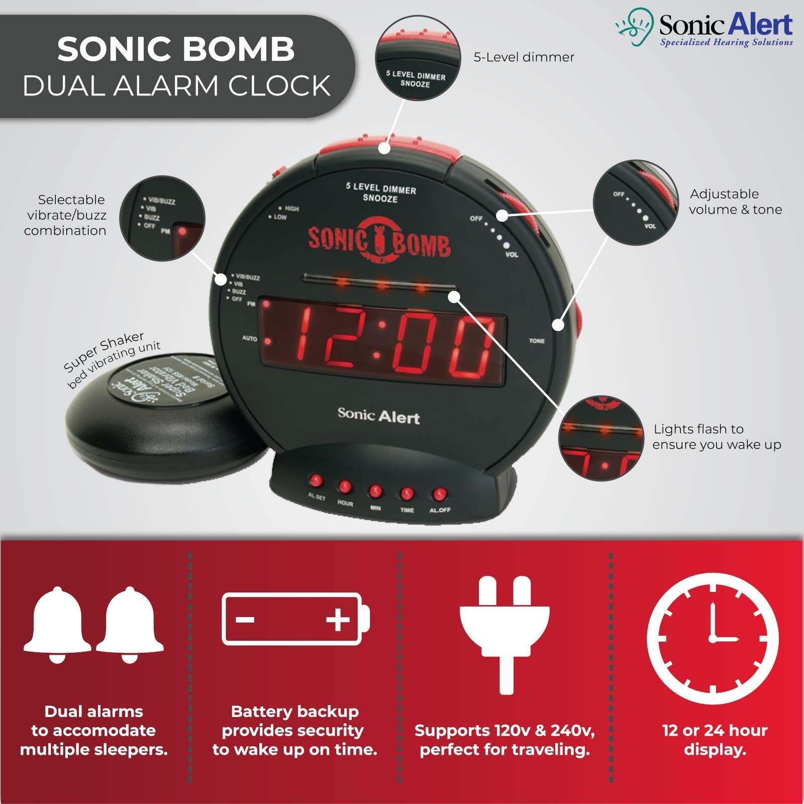 Buy Sonic Bomb Dual Alarm Clock with Bed Shaker, Black Sonic Alert