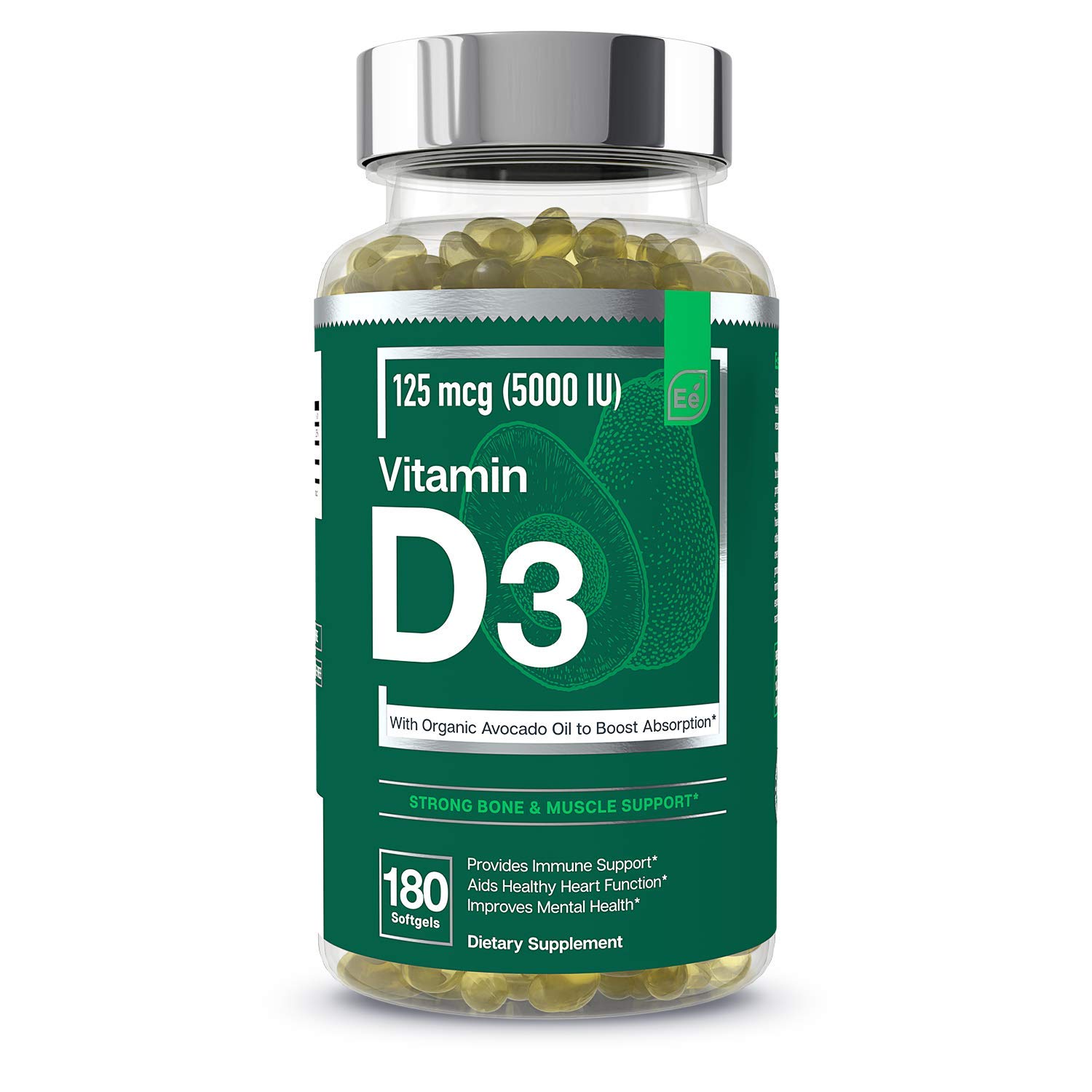 Vitamin D3 5000 IU Softgels with Organic Avocado Oil to Boost Absorption - Essential Elements | Bone, Muscle & Immune Support