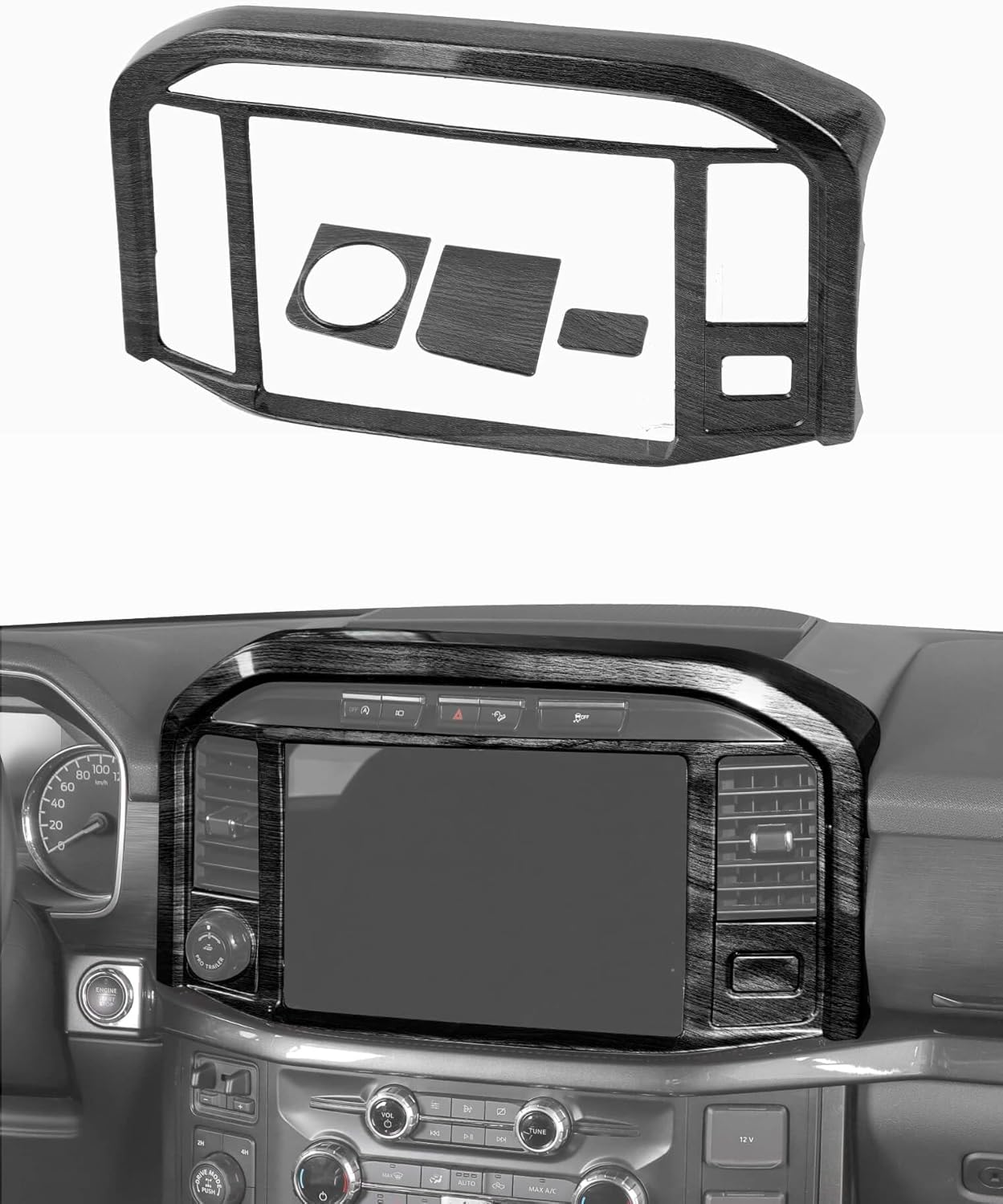 Savadicar 4-Piece 12'' Touchscreen Trim Cover for 2021-Present Ford F150, Black Wood Grain Finish Center Screen Panel Overlay Accents, Interior Decorative Accessories