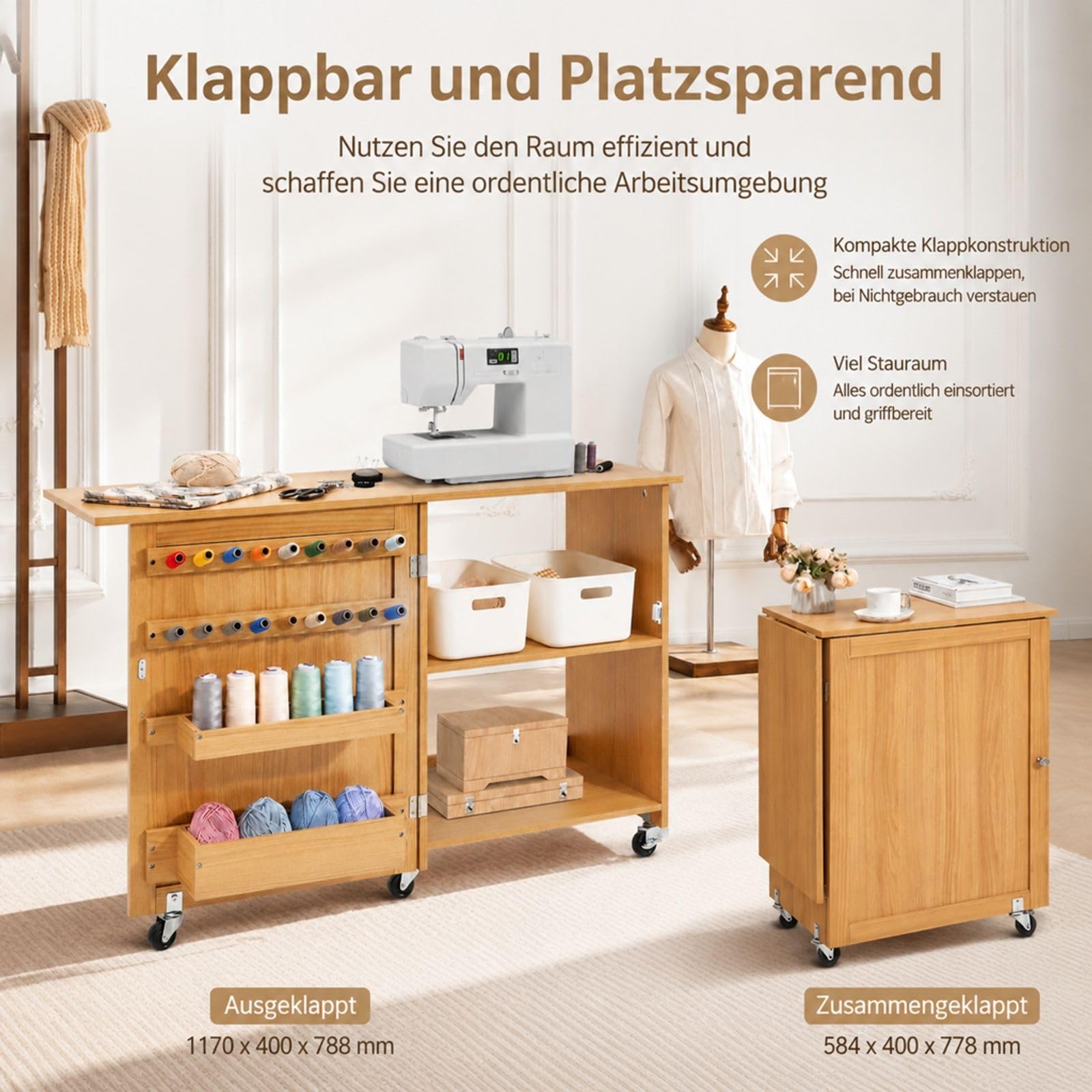 Klappbarer Nähtisch mit Rollen in Holzfarbe