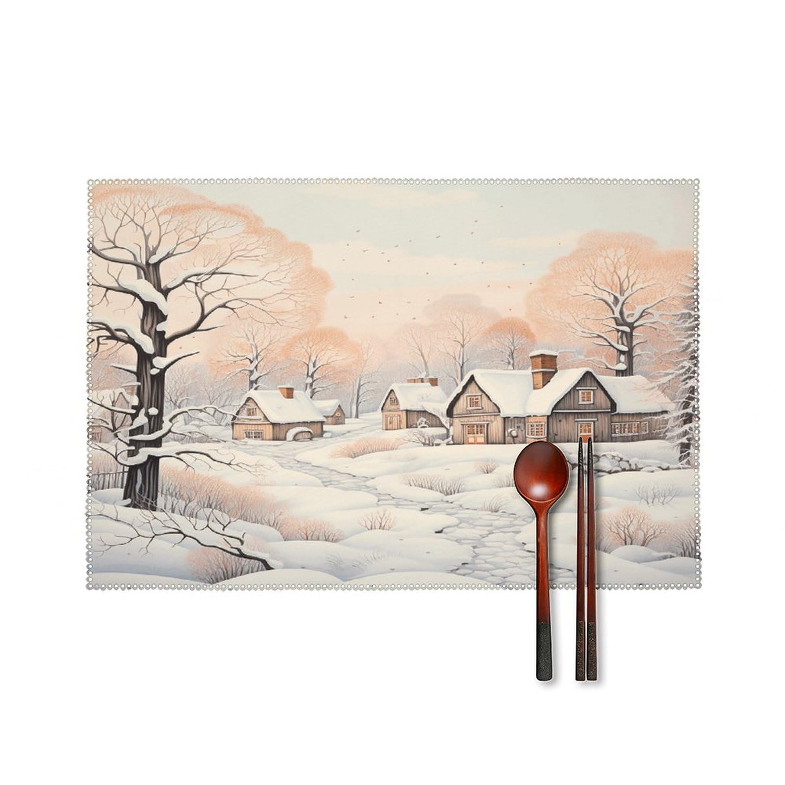 Snow and House Placemats Set of 6 Heat Resistant Non-Slip Place Mats Washable Wipeable Table Mats Elegant Farmhouse Placemat for Kitchen Dining Outdoor Party Table Decor