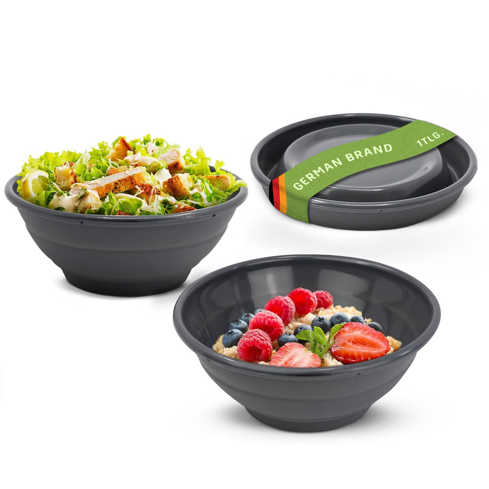 Coolinato Faltbare Schüssel aus Silikon, 16, 20 und 24 cm, grau, Faltschüssel zum Aufbewahren, Servieren und Frischhalten, Obst und Salat Schüssel für Küche und Camping
