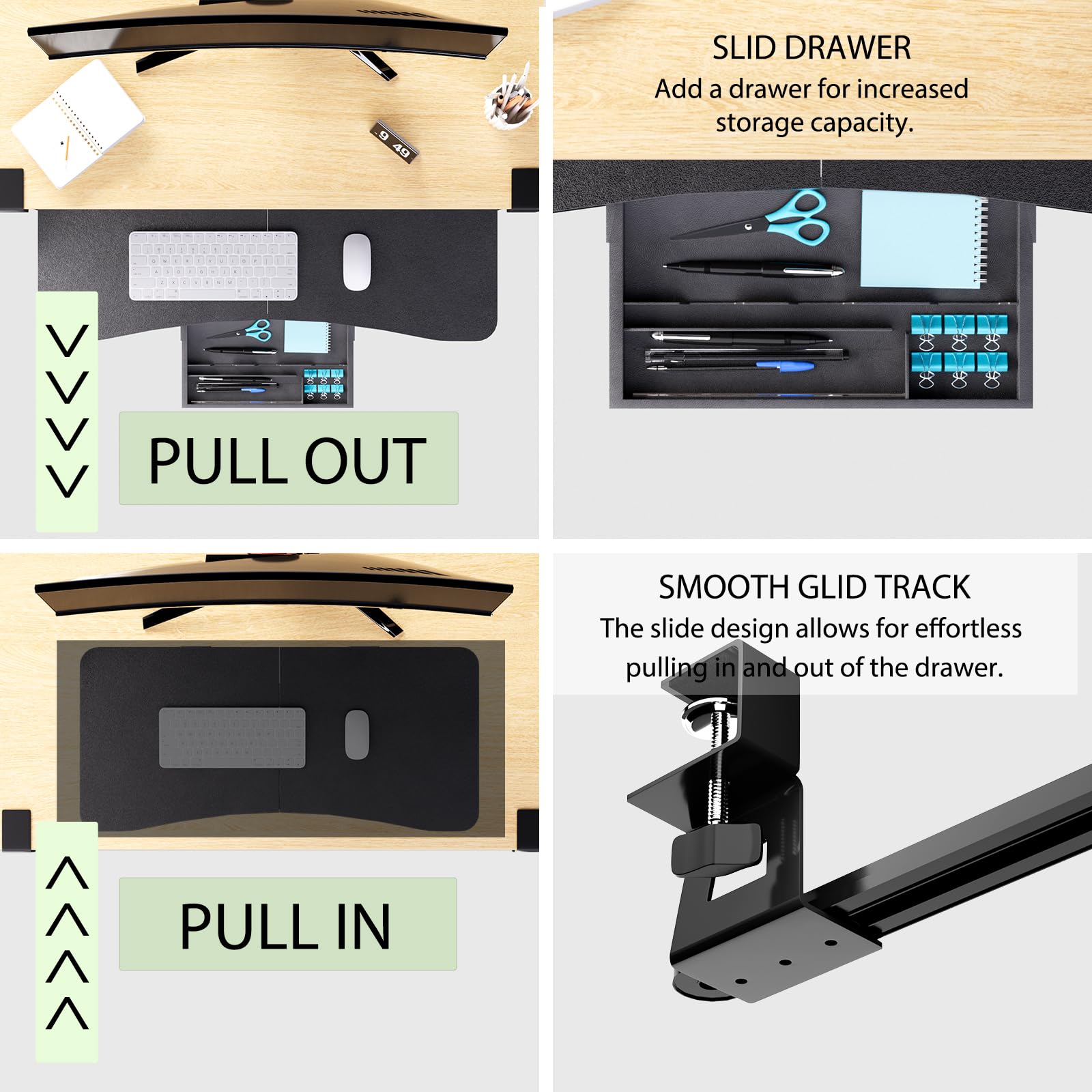 CALASK Desktop Keyboard Tray, Under Desk Pull Out,25.59" X 11.81" Large Size Radian Keyboard Tray with C-Clip Mount, Easy Installation, Computer Keyboard Stand, for Home Study and Office(Black)