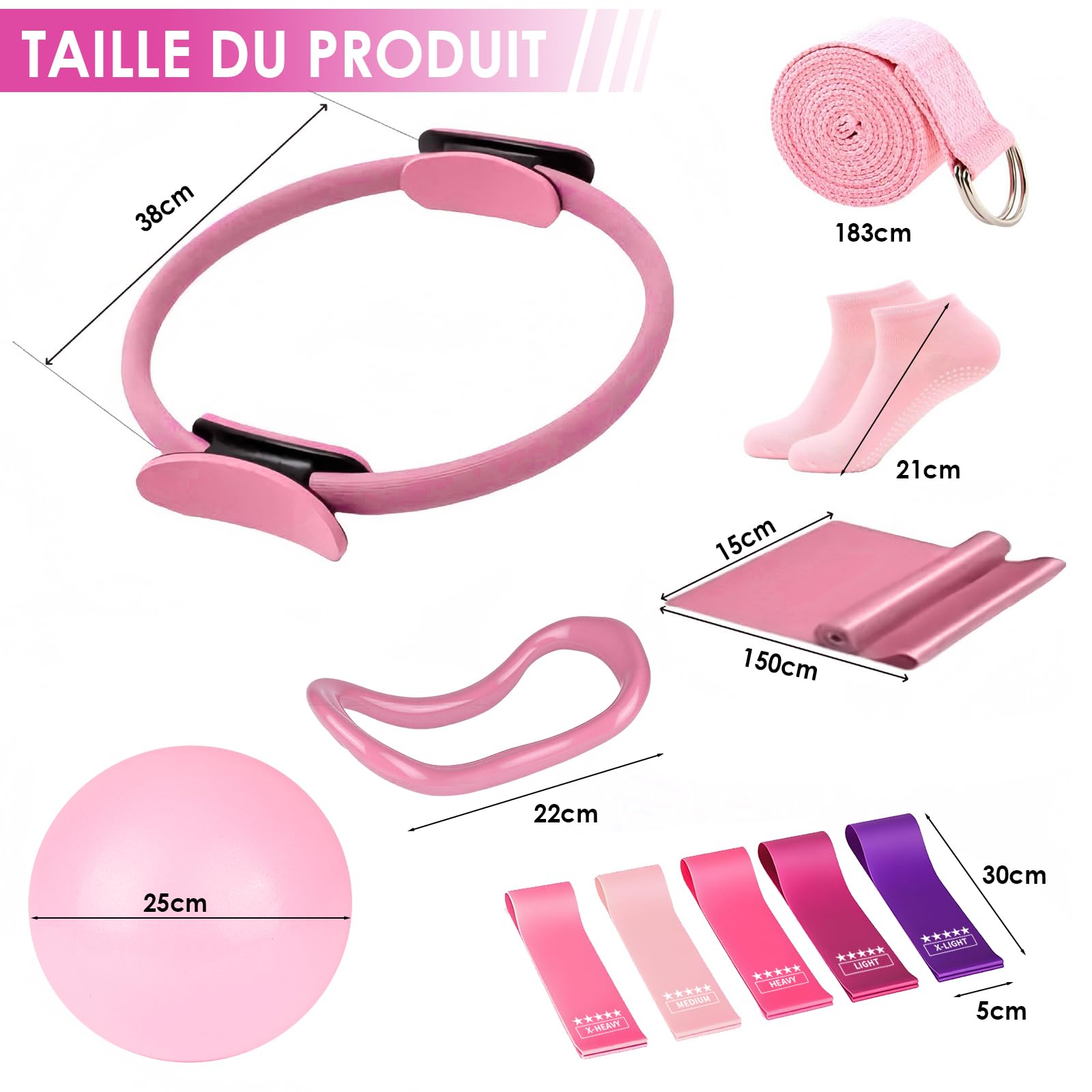 SCANTEE Kit Pilates Maison 13 Pièces, Pilates Accessoires avec Bandes de Résistance, Ballon de Yoga, Chaussettes de Pilates, Sangle de Yoga, Sac de Transport, Machine Pilate Maison, Rose