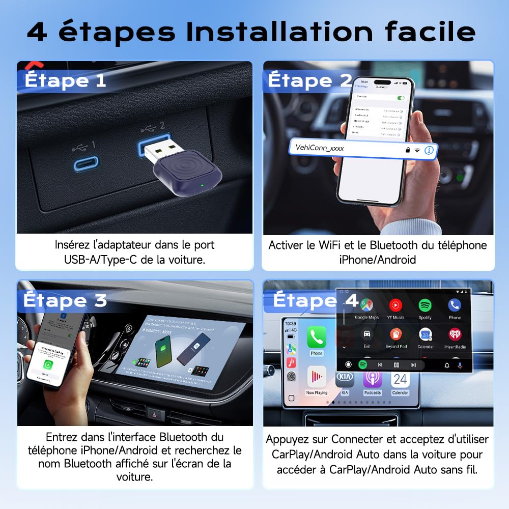 Carlinkit Mini Ultra Adaptateur sans fil CarPlay & Android Auto – Dongle Plug & Play pour iPhone & Android, Convertit câblé en sans fil, USB-A/USB-C, compatible avec les voitures OEM câblées
