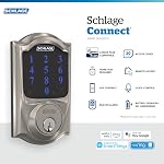 Schlage BE469ZP CAM 619 Connect Smart Deadbolt with Alarm with Camelot Trim in Satin Nickel, Z-Wave Plus Enabled | Keyless entry door lock, Touchscreen keypad deadbolt, Z-Wave Plus smart lock, Ring alarm compatible, Easy install, BE469