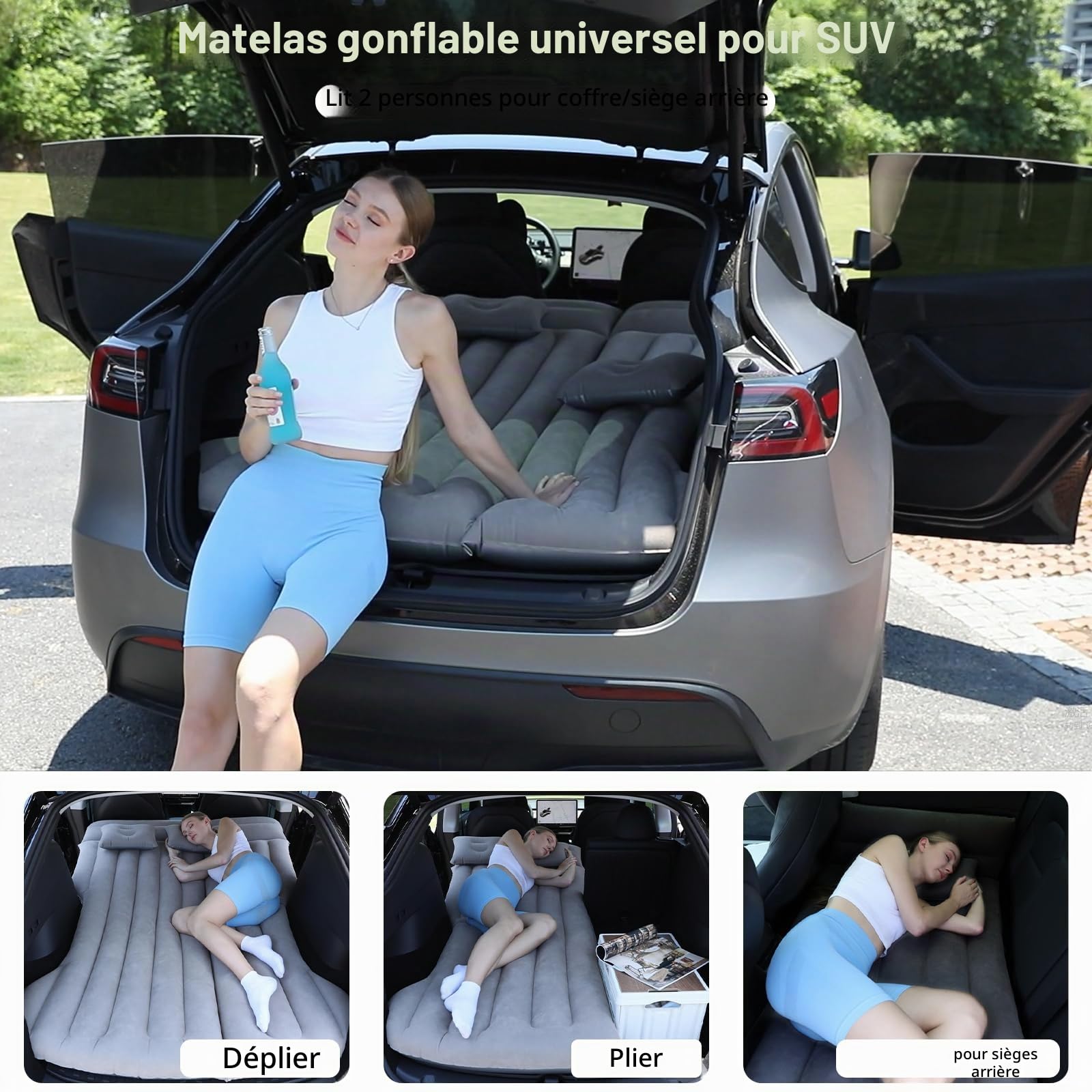 Matelas pneumatique de Voiture, pour SUV, Coffre de Voiture, Pliable, pour Camping, Voyage, Tente, Double Matelas Gonflable pour Coffre/siège arrière, lit Gonflable pour Dormir (Gris)