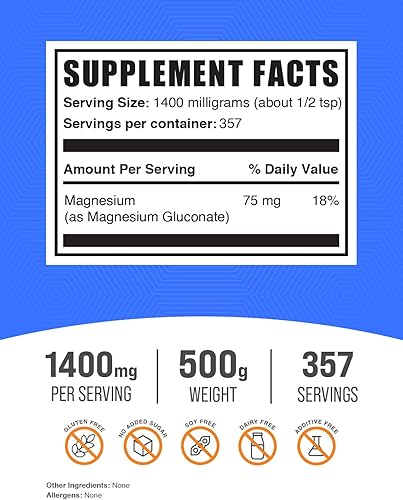 Miniatura 2 de BulkSupplements. com Polvo de gluconato de magnesio, suplemento de gluconato de magnesio, esencial y sin gluten, 1400 mg (75 mg de magnesio) por